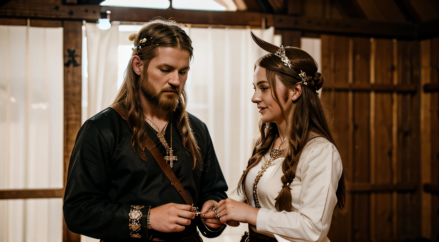 Viking Wedding: A couple dressed in traditional Viking wedding attire, exchanging rings with Norse symbols.