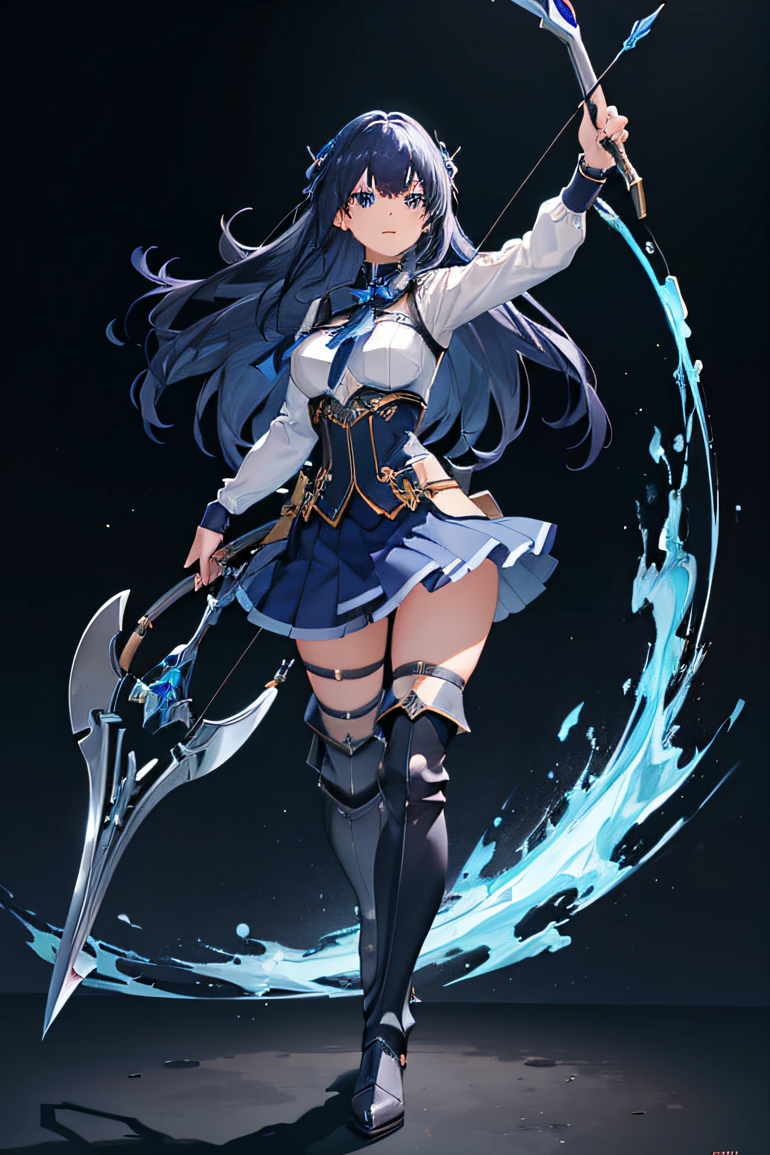 1girl, solo, dark blue hair, beautiful hair, sky blue eyes, wearing steel armor, skirt, thigh high socks, metal boots, holding bow and arrow, masterpiece, high res, absurd res, best quality, 8k, full body, plains.