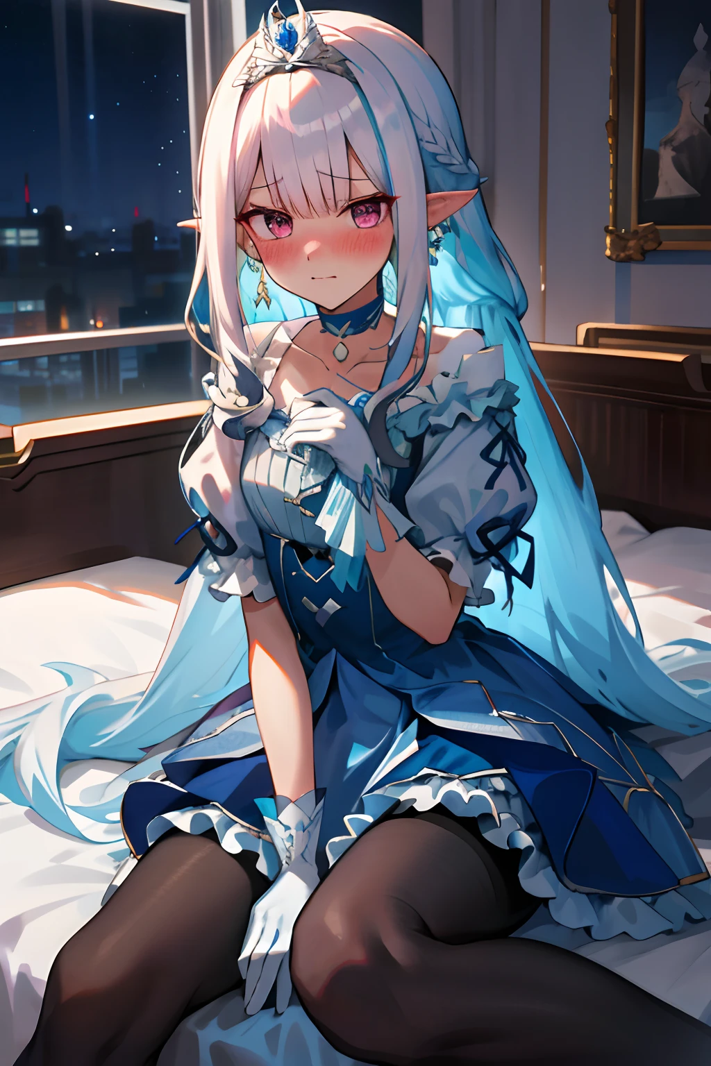 One girl with long hair, white hair, looking at viewer, embarrassed, blushing, indoor , tiara, blue dress, jewelry, white gloves, earrings, choker, frills, braid, puffy short sleeves, thigh, pointy ears, perfect waist, pantyhose, bed, sit on, spread legs, night atmosphere