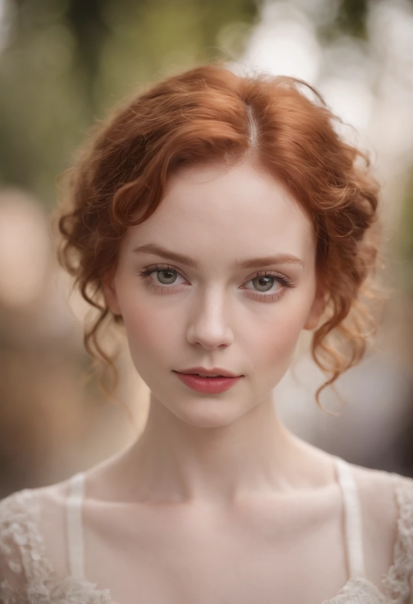 beautiful woman with pale skin, a round face and short curly ginger hair.