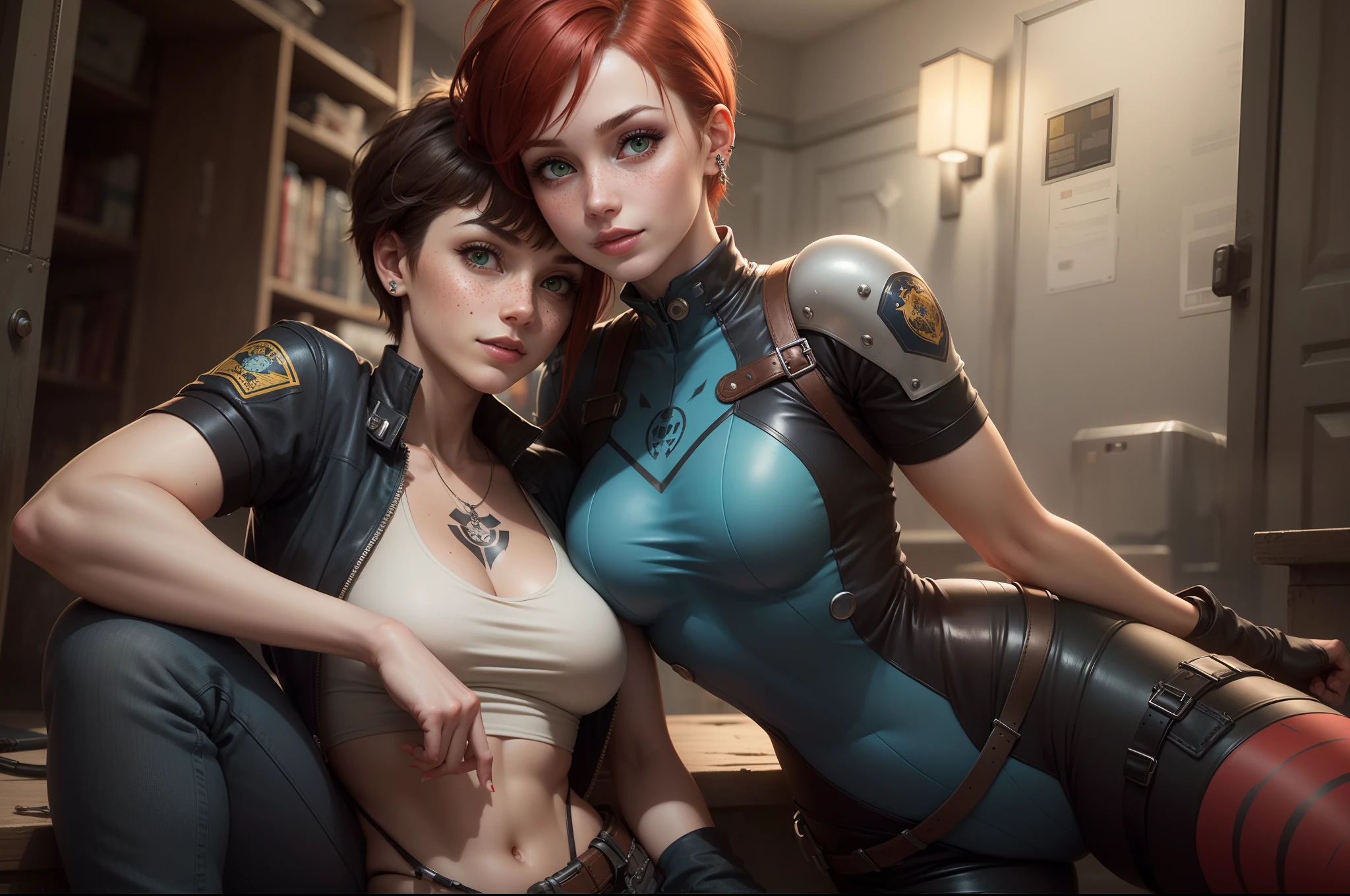 ((best quality)), ((masterpiece)), (detailed), (photorealism:1.2), NFSW realistic photo of two athletic lesbian women, eager, a 25 year old woman, full frontal nudity, full picture, with straight red hair,  prominent cheekbones,  legs apart, high latex boots, pubis with thick hair on display, hairy fleshy vagina open,has a tail, a 45 year old woman,  he has a dick,  urine, no panties, he has a dick, she touches her huge, turgid and gigantic breasts, no bra, exposed erect nipples, ( in a spaceship control room, star trek, full body shot, exudes beauty and lasciviousness, horny, no tattoos, latex and metal accessories, )