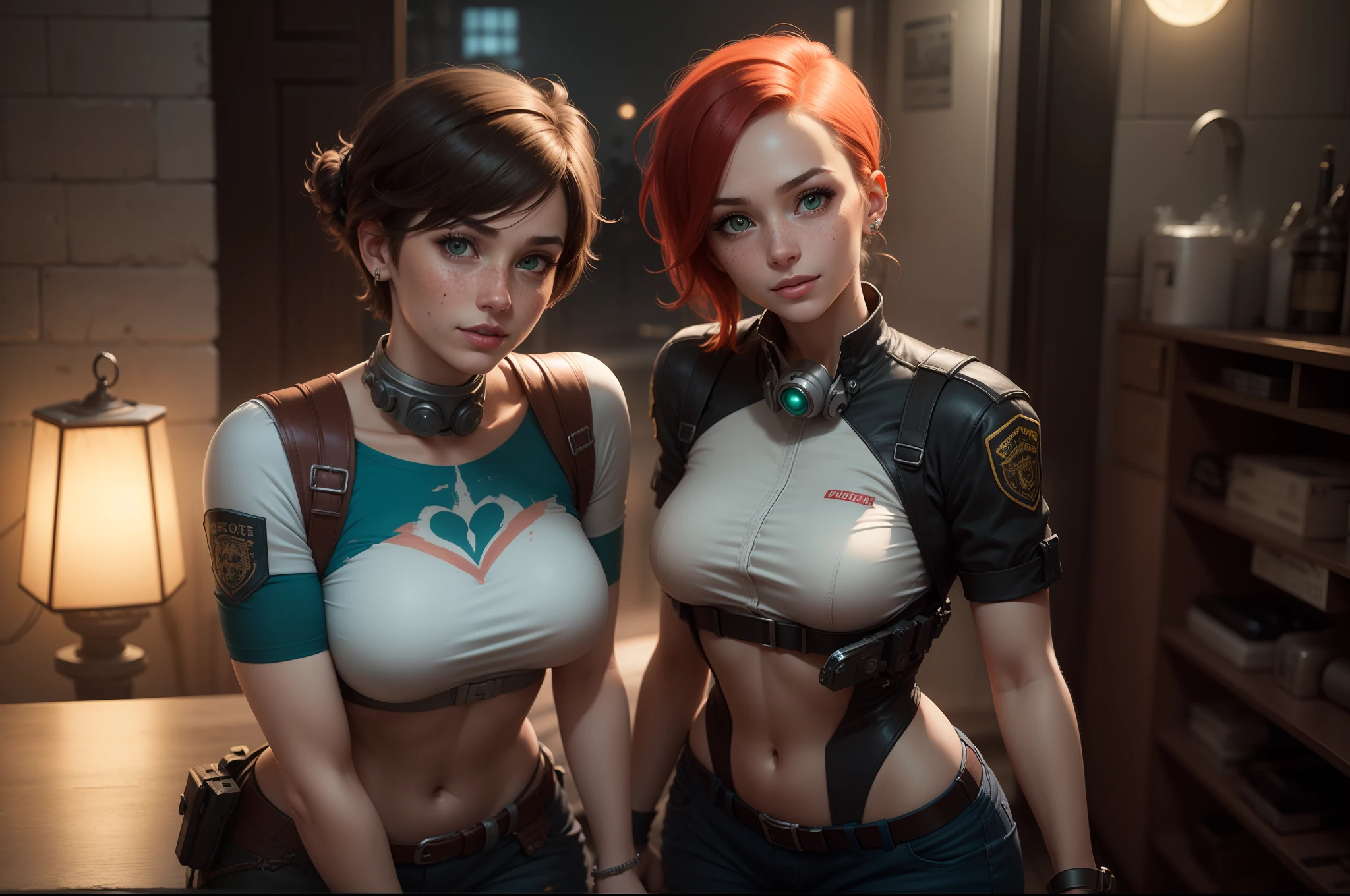 Gwen Tennyson,tracer,Elsa,Rebecca Chambers,look,gundam, Nude upper body, bare chest, big nipples, wet tits, takes in the mouth, a corset, White Lycra Long Sleeve Top,orange leggings,short hair,Cute makeover,green eyes,Orange and blue hair,shy smile, freckles,redhead,Beautiful girl,big breasts,ultra detailed,Realistic,fantasy art, Gaming Headset,pilot jacket,helicopter,
