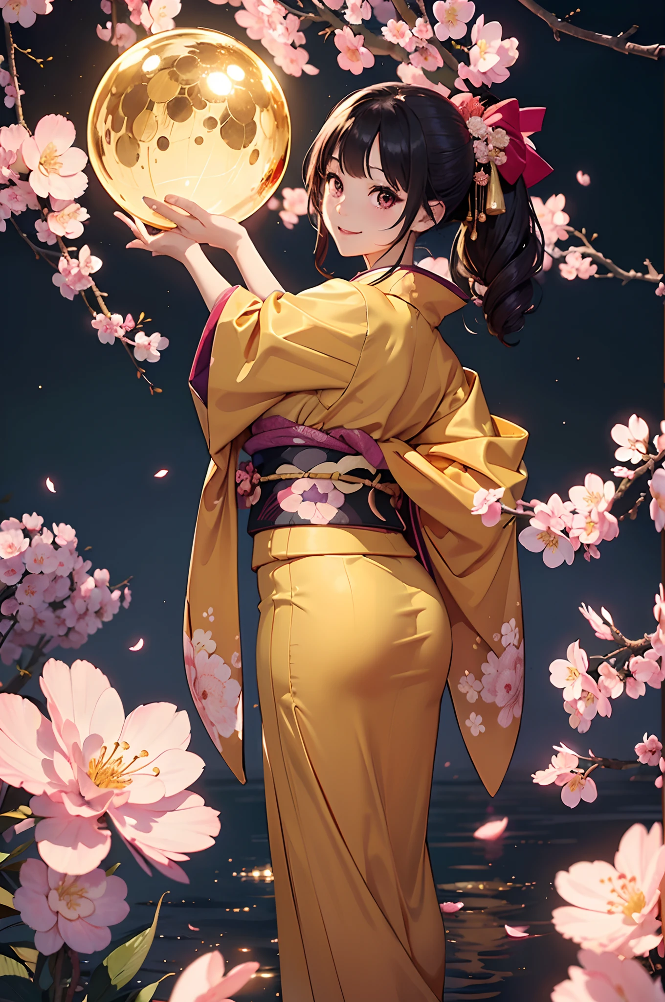((masterpiece1.5)),hyper quality, Hyper Detailed,Perfect drawing,1girl in,((Bigger breasts)),kawaii ,With smiling eyes,(((Beautiful kimono))),(((Luxury kimono)))、(Beautiful embroidery)3D,16K illustrations,((clearface)),kirakira、shiny、a gorgeous、high-class sense、A dark-haired、(((pink seduction background)))、(thin-waist)、 dark-haired、poneyTail、Red ribbons、Cute even though her eyes are tight、(((luxury kimono)))、((Plum blossoms))、((peach blossoms))、((cherryblossom))、Back view、Detailed drawing、Best Quality, Capture super cute moments, depth of fields, ultra-detailliert, High resolution, C4D, Octadale, 3D Modeling, Delicate and detailed depiction、((moonlights))、superclear、Full of charm、Hanging eyes but cute、Samurai attire、SAMURAI、((very Bigger breasts)),kawaii ,With smiling eyes,(((Beautiful kimono))),(((Luxurious golden kimono))). (((holding Shiny giant golden sphere))),nice background、(((beatiful backgrounds)))、(((Detailed drawing)))、(((Perfect Photo)))、kirakira、(((shiny)))、(((oily))),illustrious、golden colored、