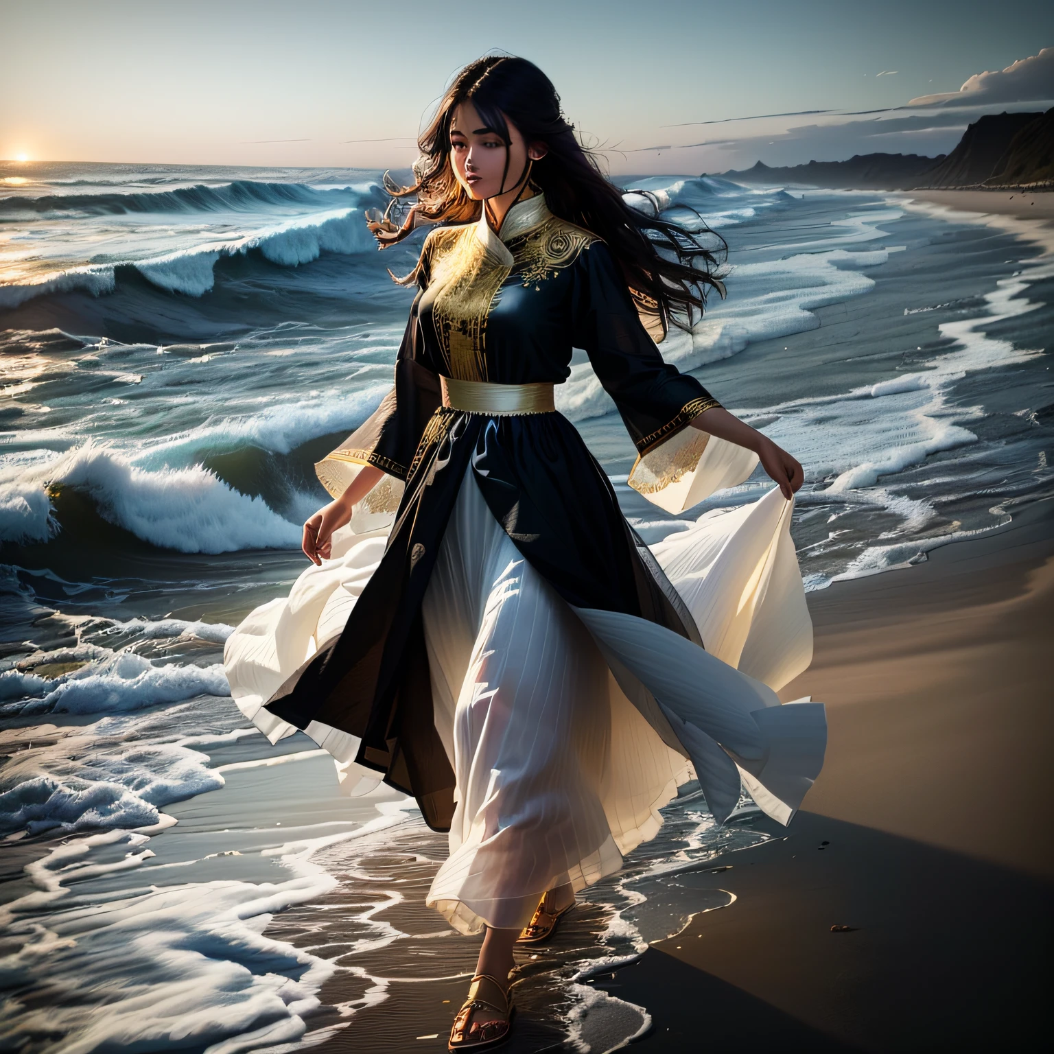 woman in white dress with golden embroidery walking on beach with flowing dress,