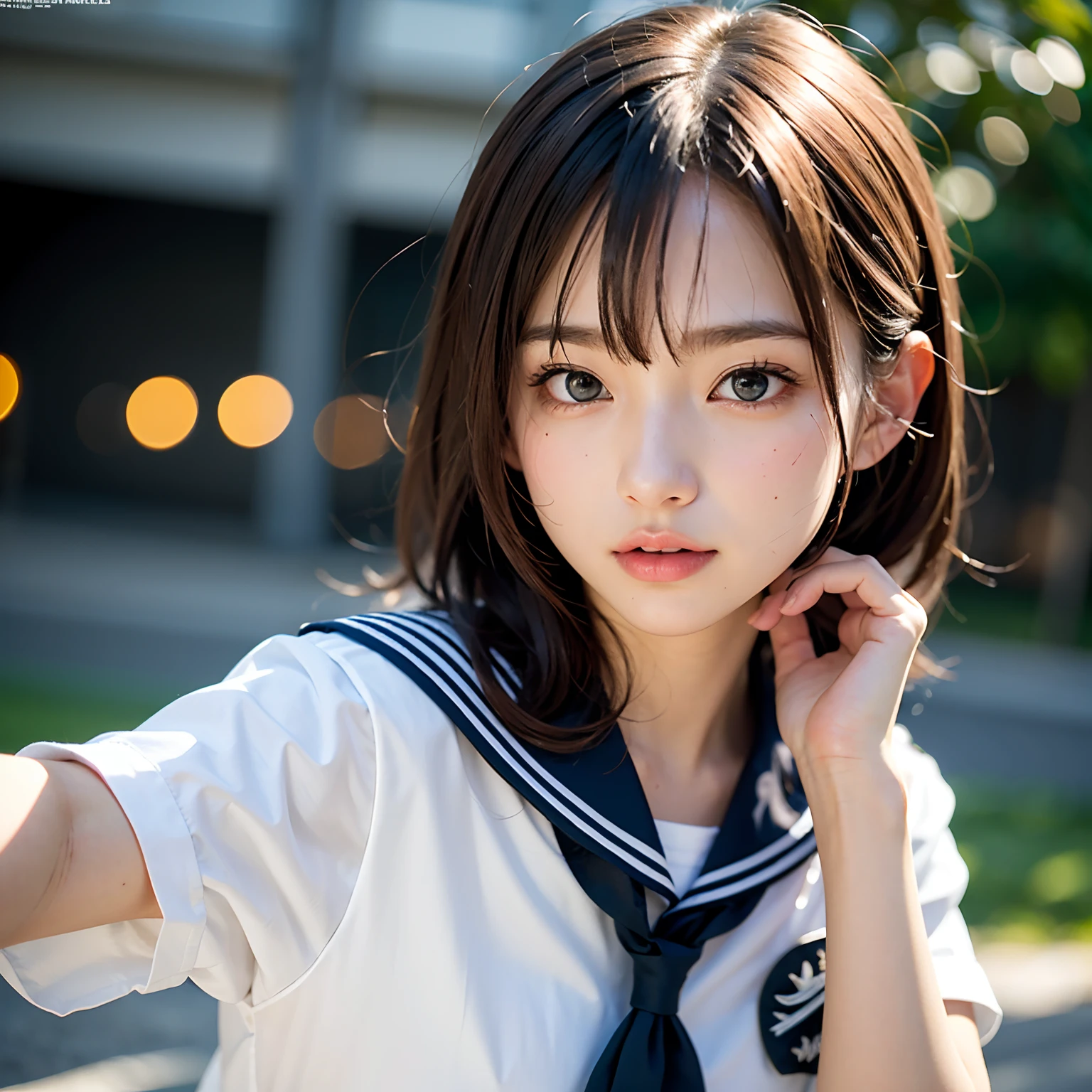 (masutepiece, Best Quality:1.2), 8K, Official art, Raw photo, Full Bord Bill Four、Uniform torn、I see underwear、skinny、years、small tits、unbelievable Ridiculous, (Upper body, 校服、a sailor suit:1.4), Beautiful Girl, Pretty Face, arching back down,、Gold hair ornament on hair、close up, Sailor Suit, Short sleeve, violaceaess, Teen, Looking at Viewer, Film grain, chromatic abberation, Sharp Focus, face lights, Dynamic lighting, Cinematic lighting, Eyes and faces with detailed, Bokeh background,
