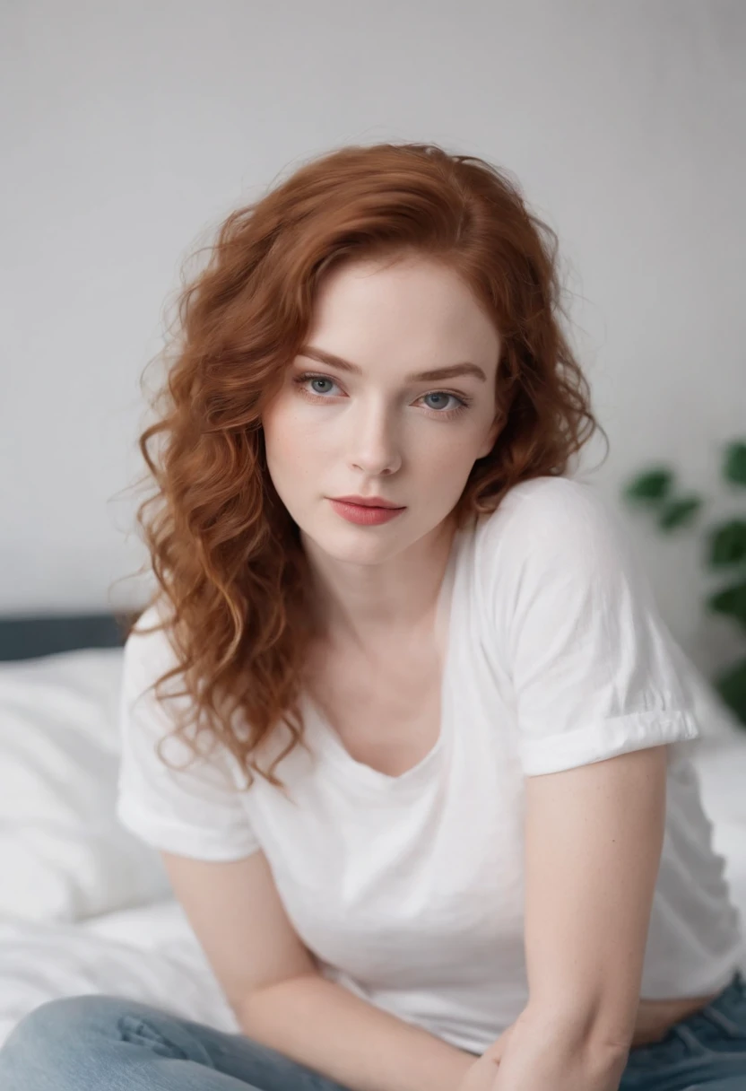 beautiful woman with pale skin, a round face and short curly ginger hair. wearing a white t shirt and denim shorts lying on a bed