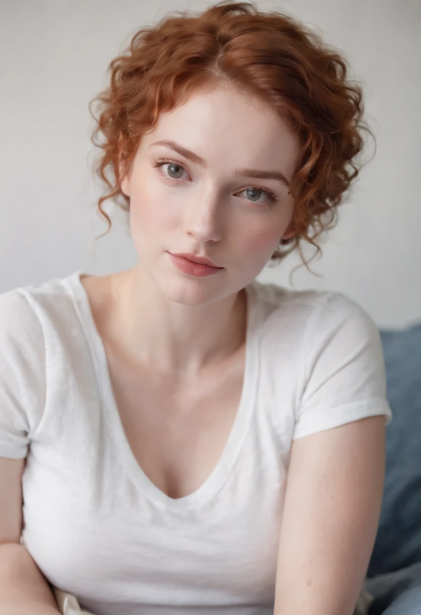 beautiful woman with pale skin, a round face and short curly ginger hair. wearing a white t shirt and denim shorts lying on a bed