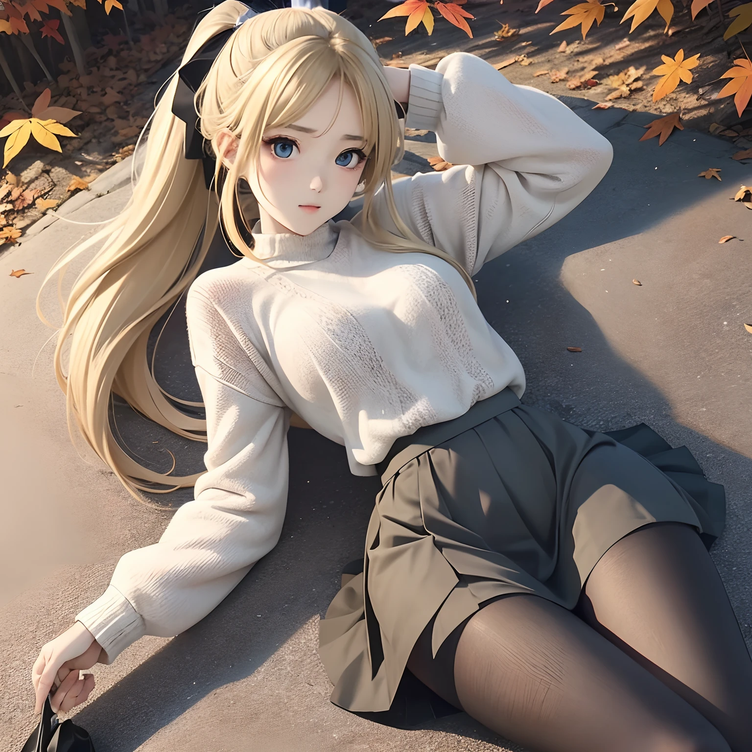 (Artwork), (ultra detailed), (straight, blonde and long hair), (1 girl, teenager), beautiful detailed eyes, delicate and beautiful face, (grayish blue eyes), black turtleneck, a black and red plaid skirt, nylon pantyhose, a red scarf and a belt, cold and postural facial expression, snowflake hair ornament, (illustration), from above, (best quality)