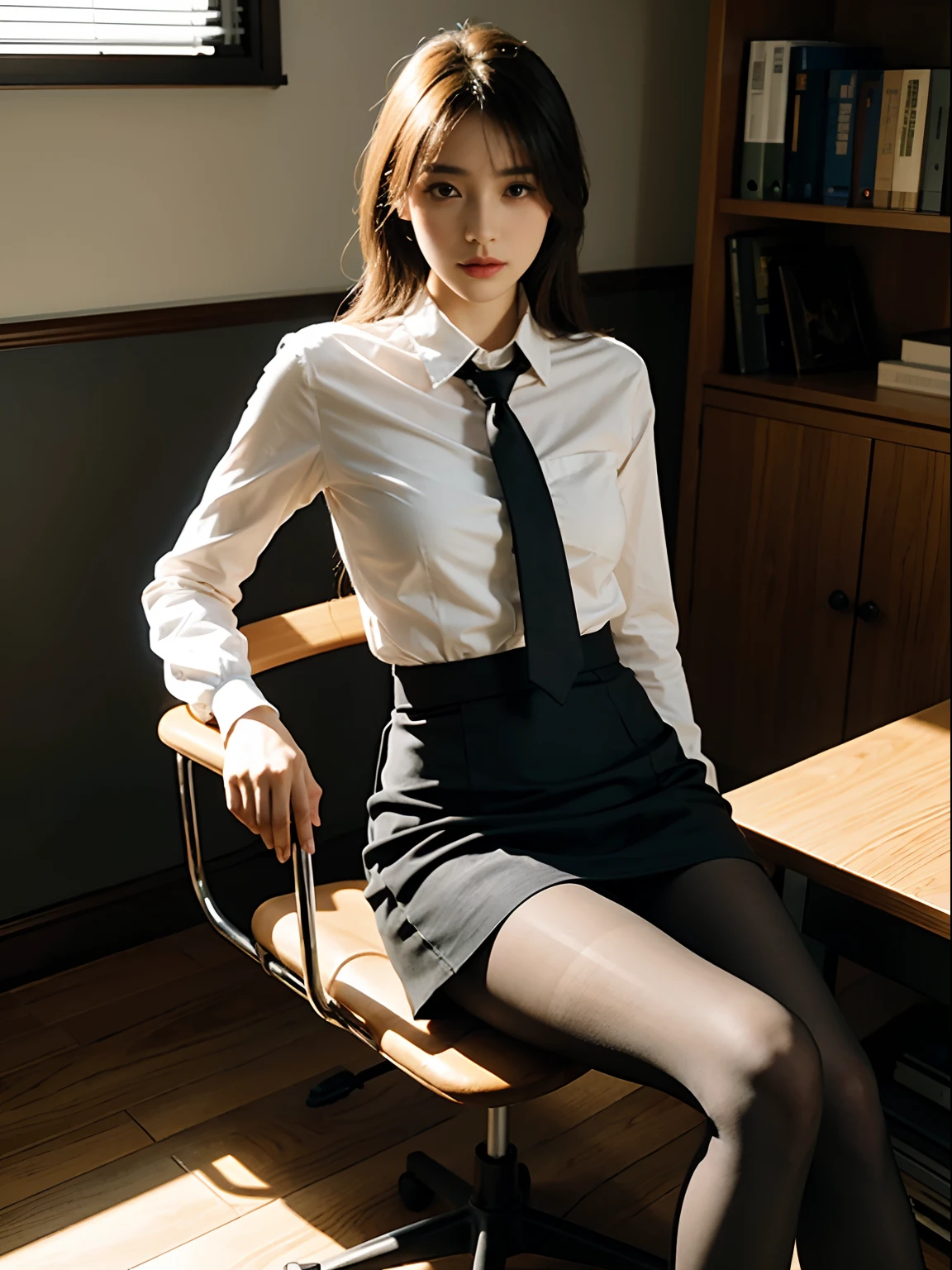 1girl,young girl, shiny skin,medium breasts,nice leg line:1.3, thin waist,school uniform, thighhighs,necktie,((pencil skirt)),looking at viewer,from below,( pantyhose:1.3),(The golden ratio figure),(Office, sit in a chair:1.3),Close range
masterpiece, best quality, best perspective, ultra-detailed and intricate, extremely delicate and beautiful, best quality light, (ray tracing:1.1), anti-aliasing,
realistic,photorealistic,award-winning illustration,(intricate details:1.2),(delicate detailed) (intricate details),(cinematic light,best quality Backlights),clear line,sharp focus,official art,unity 8k wallpaper,absurdres,incredibly absurdres,huge filesize,ultra-detailed,highres,extremely detailed extremely delicate and beautiful,RAW photo, professional lighting,dynamic lighting,light on the face,depthoffield,solofocus,
