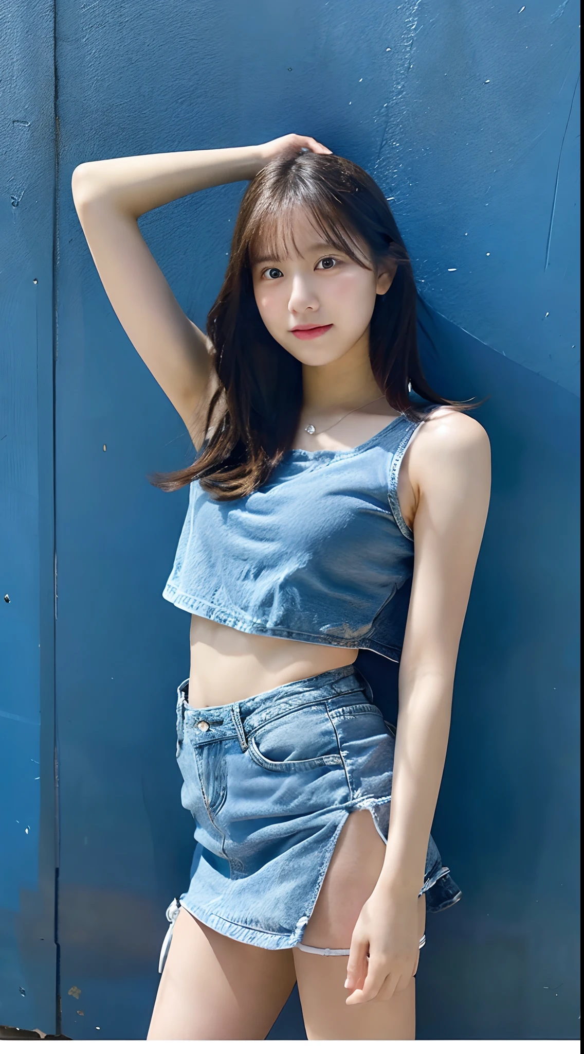 A very cute 20-year-old girl who looks as young as a 16-year-old idol, Smiling Kindly、Upper body naked, Denim mini skirt,Tha, Full body portrait, Natural light, Accurate, Anatomically correct, Textured skin, front lighting, f/1.0mm, fujifilm G FX 50R, Regina Display, Super Detail, Attention to detail, high quality, 最high quality, High resolution, Real、Realスティック、Raw photo、Genuine、masterpiece、1080p, hard disk, 4K, 8k, ギThaヒロイン, Let's Rock, Solo singer,live