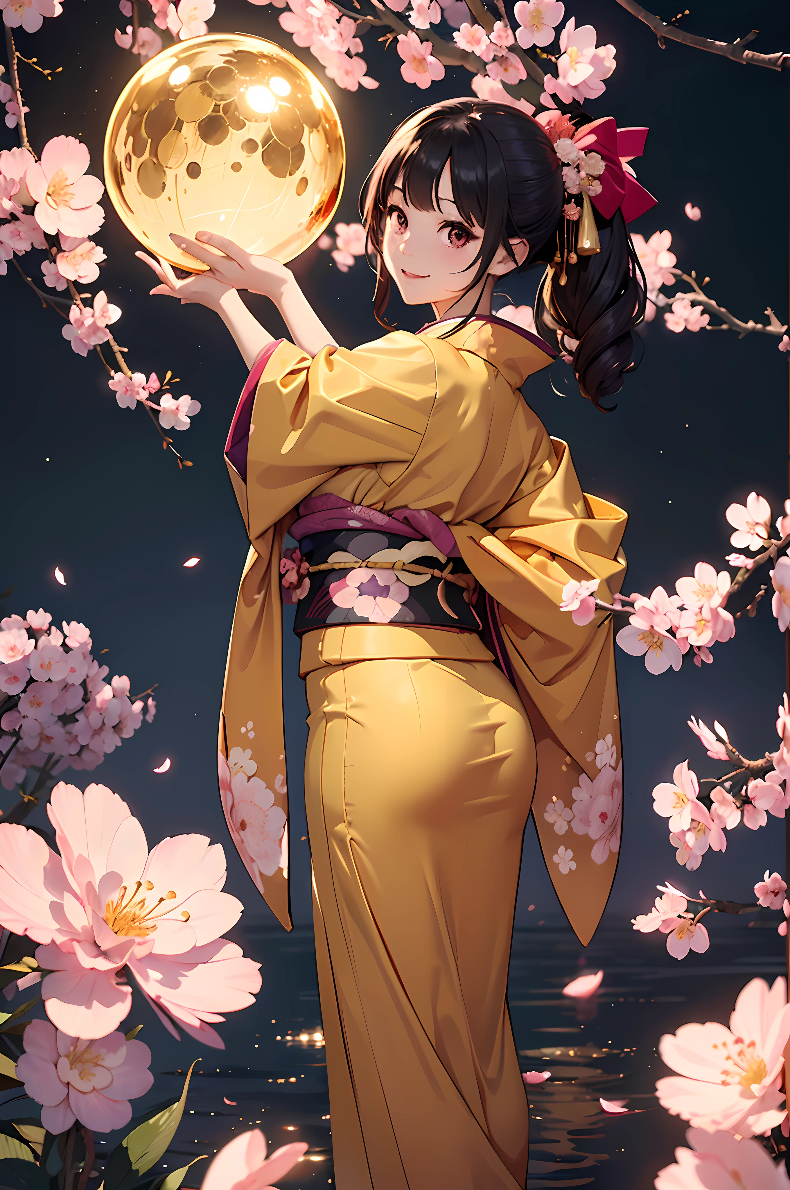 ((masterpiece1.5)),hyper quality, Hyper Detailed,Perfect drawing,1girl in,((Bigger breasts)),kawaii ,With smiling eyes,(((Beautiful kimono))),(((Luxury kimono)))、(Beautiful embroidery)3D,16K illustrations,((clearface)),kirakira、shiny、a gorgeous、high-class sense、A dark-haired、(((pink seduction background)))、(thin-waist)、 dark-haired、poneyTail、Red ribbons、Cute even though her eyes are tight、(((luxury kimono)))、((Plum blossoms))、((peach blossoms))、((cherryblossom))、Back view、Detailed drawing、Best Quality, Capture super cute moments, depth of fields, ultra-detailliert, High resolution, C4D, Octadale, 3D Modeling, Delicate and detailed depiction、((moonlights))、superclear、Full of charm、Hanging eyes but cute、Samurai attire、SAMURAI、((very Bigger breasts)),kawaii ,With smiling eyes,(((Beautiful kimono))),(((Luxurious golden kimono))). (((holding Shiny giant golden sphere))),nice background、(((beatiful backgrounds)))、(((Detailed drawing)))、(((Perfect Photo)))、kirakira、(((shiny)))、(((oily))),illustrious、golden colored、