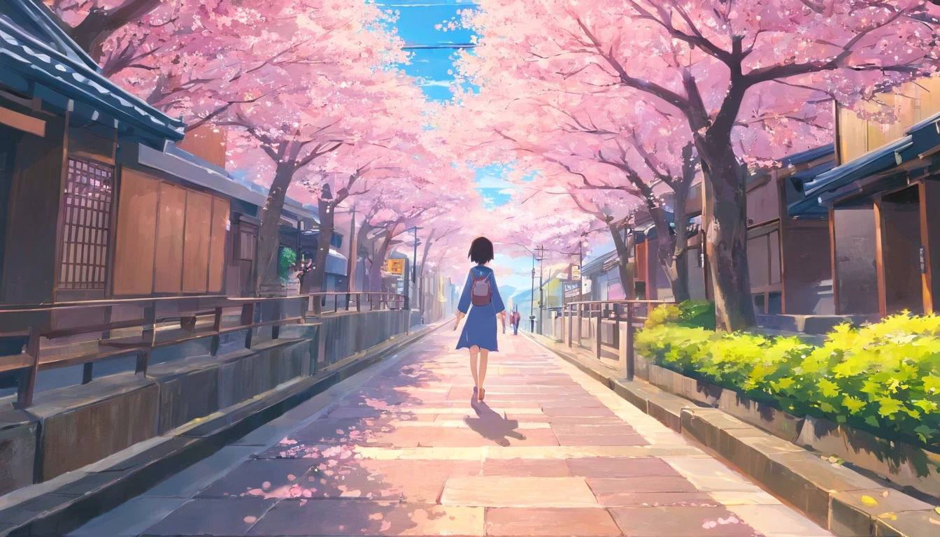 Architecture Japan cherry blossom season, Walk the way,From the bottom Perspective, Best Quality, A city scape, Artist Makoto Shinkai, Best Quality, masutepiece, Realistic Art , In Kyoto, A lot of people enjoy it,