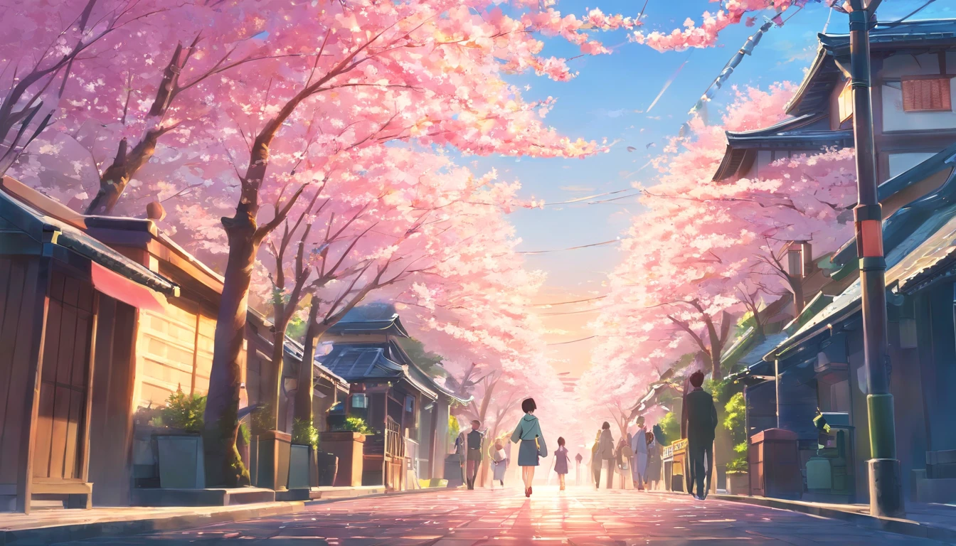 Architecture Japan cherry blossom season, Walk the way,From the bottom Perspective, Best Quality, A city scape, Artist Makoto Shinkai, Best Quality, masutepiece, Realistic Art , In Kyoto, A lot of people enjoy it,