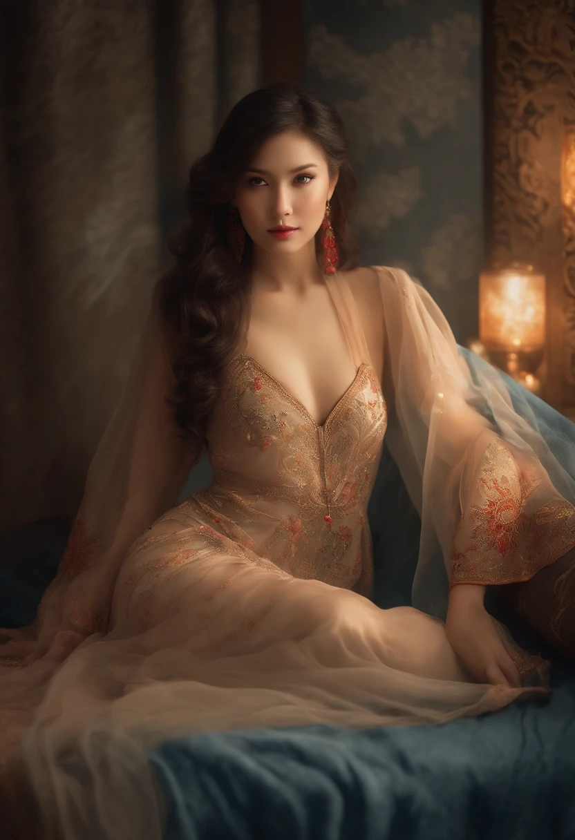 The art depicts a charming woman dressed in a flowing, oriental transparent dress, decorated with sexy patterns and bright colors. Showing small round ass, Her transparent dress drapes elegantly over her curvy figure, accentuating her seductive silhouette. She stood gracefully in the quiet moonlit night, bathed in the soft glow of the moonlight. The scene exudes an ethereal and dreamy atmosphere, with a touch of mystery and sexiness. The graphic style blends watercolor and digital illustration techniques to evoke a refined beauty and charm. The lights are filled with soft moonlight, casting soft highlights and shadows on her charming features. Bare buttocks, three-dimensional facial features, lying on bed, clear eyes, topless, visible,full body,