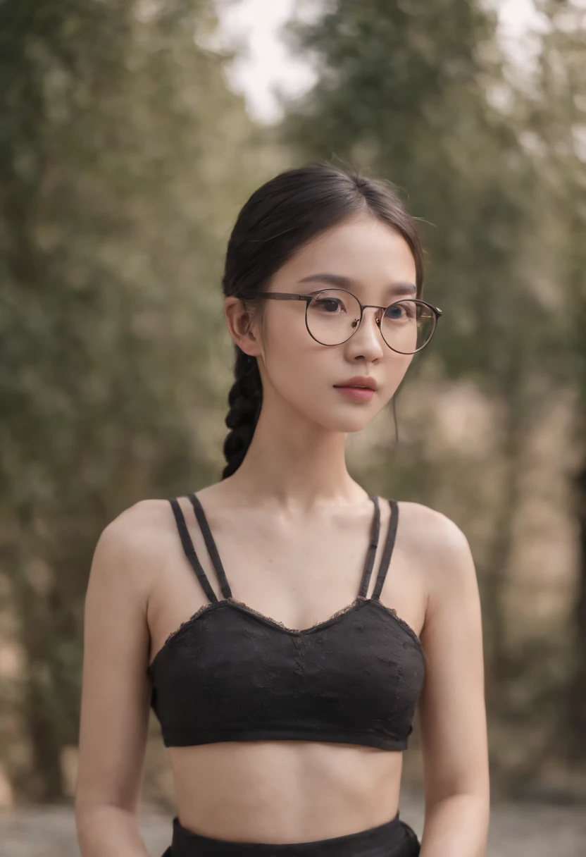 black-framed round glasses, two braids, black hair, chinese girl, 17 years old, slim dancer-body, high detailed, sharp focus, photorealism,huge ,,full body