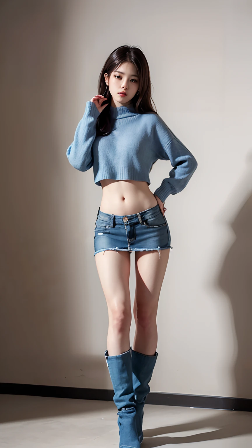 Slender Asian girl, Kpop Idol,, ((of the highest quality, 8K, masutepiece: 1.3)), Crisp focus: 1.2, Beautiful woman with perfect figure: 1.4, Highly detailed face and skin texture, Detailed eyes, skinny, Beautiful face, , full-length, ((wide open abdomen))、((open abdomen))、((wide open navel))、((open navel))、((Bare belly))、((Mid-Riff Sweater))、((Ultra-low rise、Denim Mini Skirt))、 ((Navel Ejection))、((small hips))、((Full body depiction))、((small hip))、(boots)、((Ultra-low rise))、 ((Denim Mini Skirt))、((is standing))、