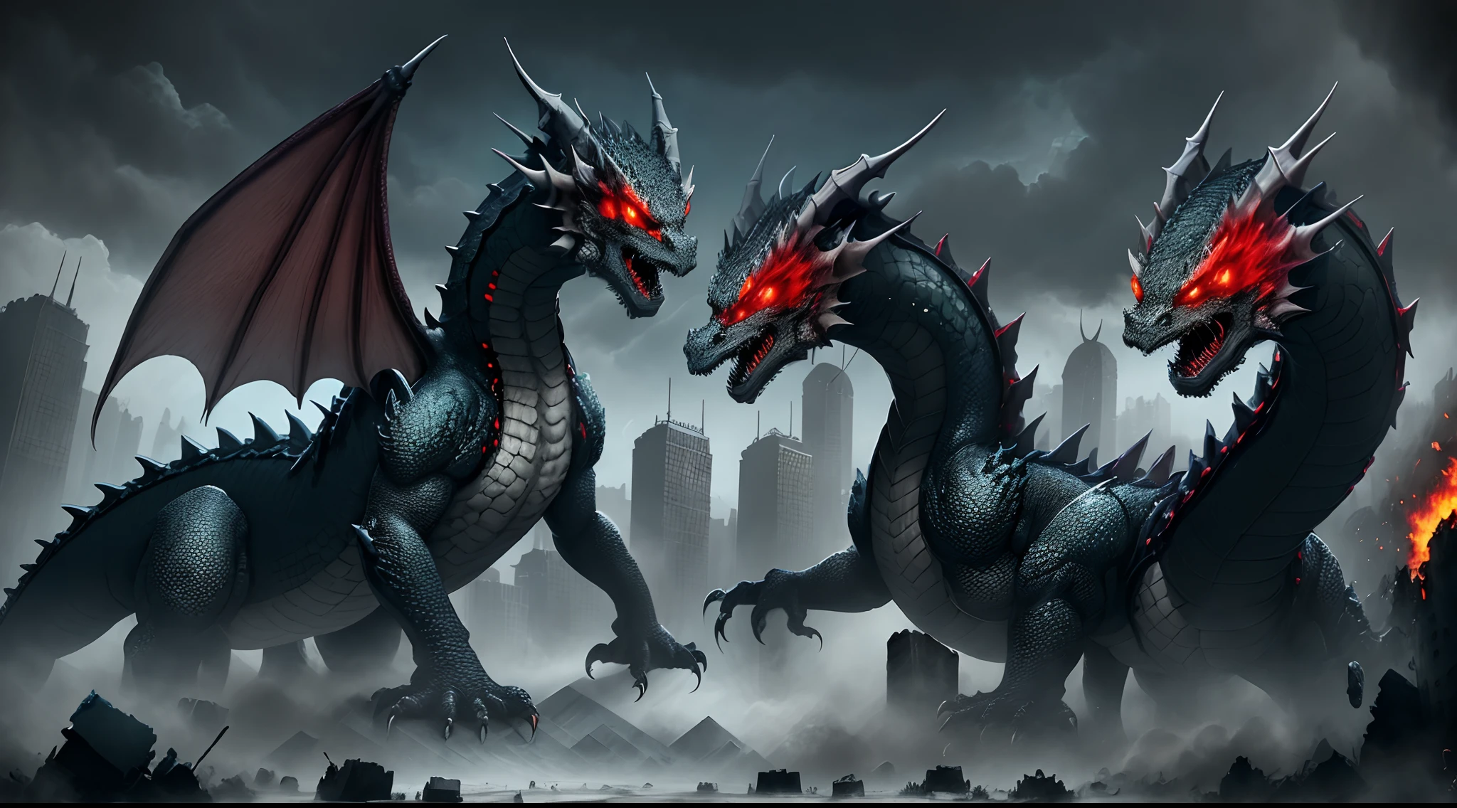 All black three-headed dragon with red eyes))Destroyed Cities))) 4k