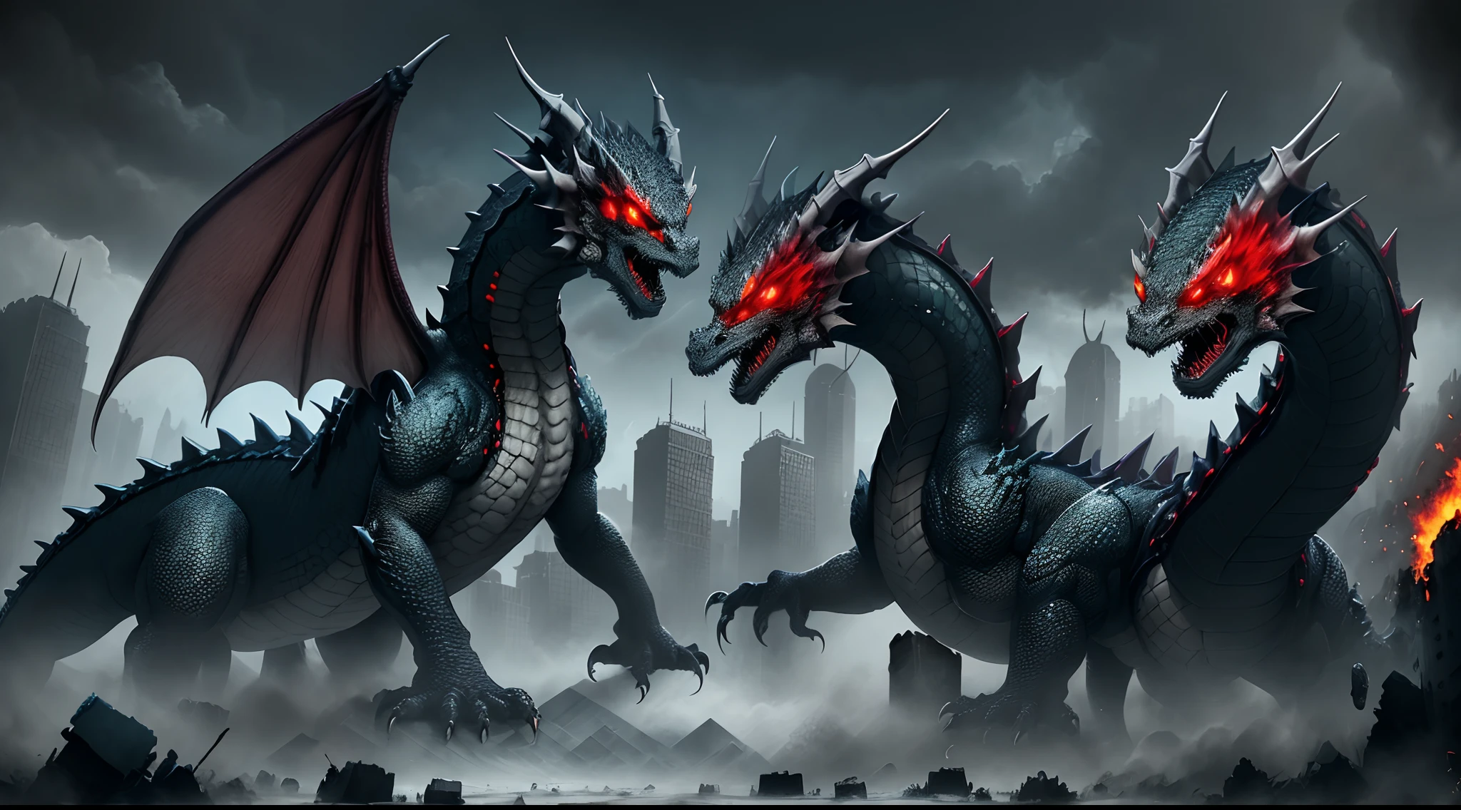 All black three-headed dragon with red eyes))Destroyed Cities))) 4k