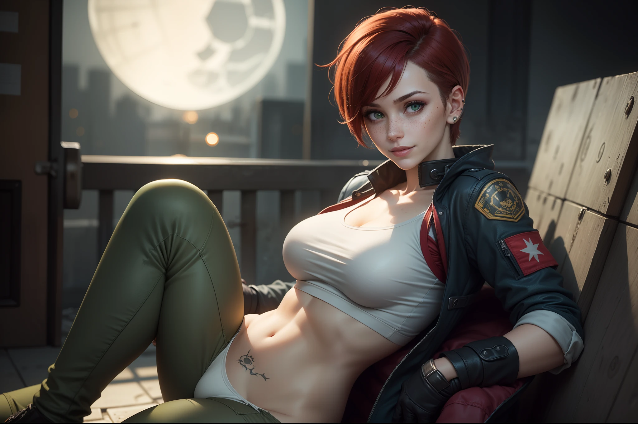 gwen tennyson,1girl,tracer,jill valentine, rebecca chambers,overwatch,resident evil,close up,mecha pilot,body paint, haunted mansion,tattoos,blue and gray plugsuit,hair pin,white short sleeve silk top,steel cargo pants,uncovered belly,short hair,cute makeup,green eyes, red and gold hair,shy smile,freckles, redhead,beautiful girl,large breasts, ultra detailed,realistic,fantasy art, military uniform,steel armor,monster lab,moonlight,police uniform,pilot jacket,ear piercings,