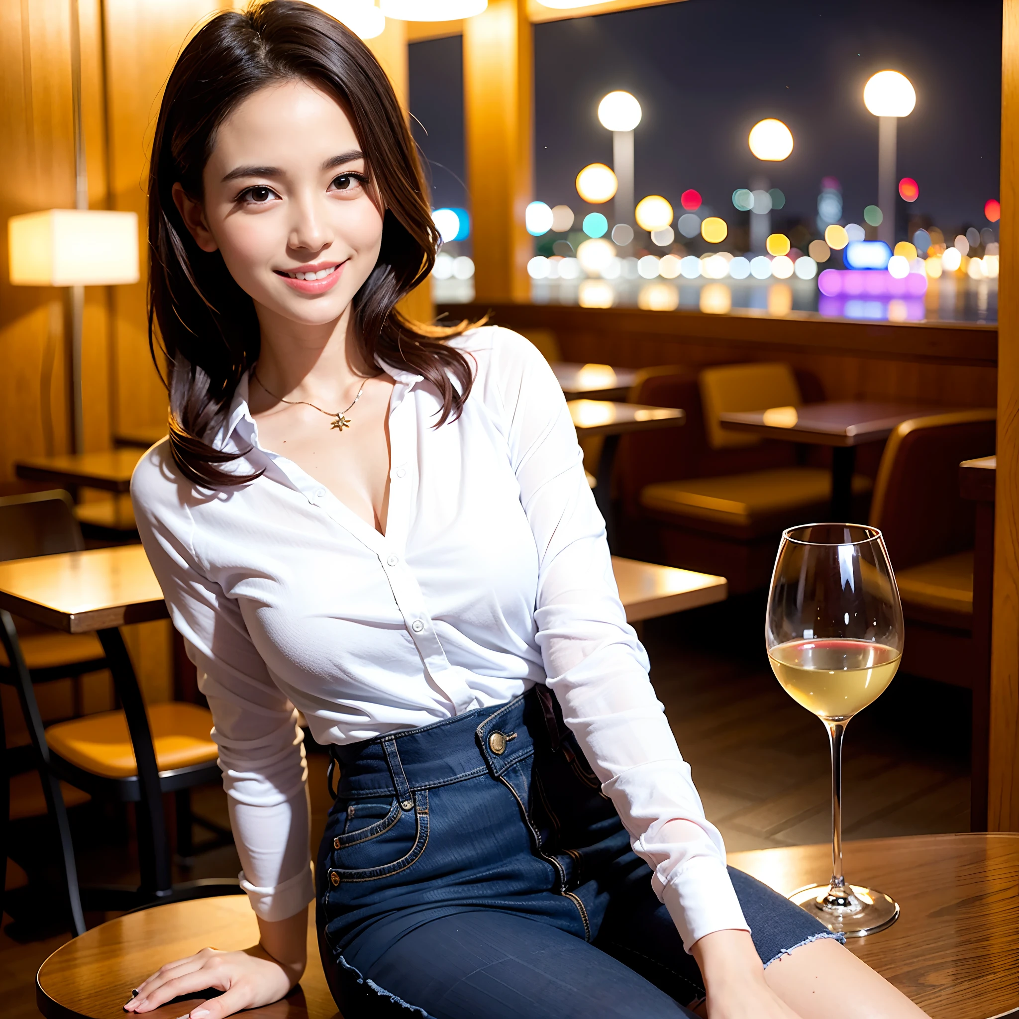 (64K, UHD, top quality, masterpiece: 1.2), (realistic, photorealistic: 1.37), super detailed, pretty woman 1 person, (slim face), (slim body), (brown hair), (short cut), cheeks slightly blushing, (39 years old), 38 years old, solo, beautiful detailed urban night view outside the window, restaurant, wine glass sitting, night, in a prominent place (from the waist up) NovaFrogStyle, Actress, Model, Waist Up, White Wine, Slim, Wine Glass, Super Clean Night View, Wine Glass Put in the Middle, Happy Smile, (Smile: 1.15), Beautiful Fine Eyes, Upper Body, Bust Japan Up, Night, Short, Short, Actress, Model, Waist Up, White Wine, Slim, Wine Glass, Super Clean Night View, Wine Glass Put in the Middle, Happy Smile,