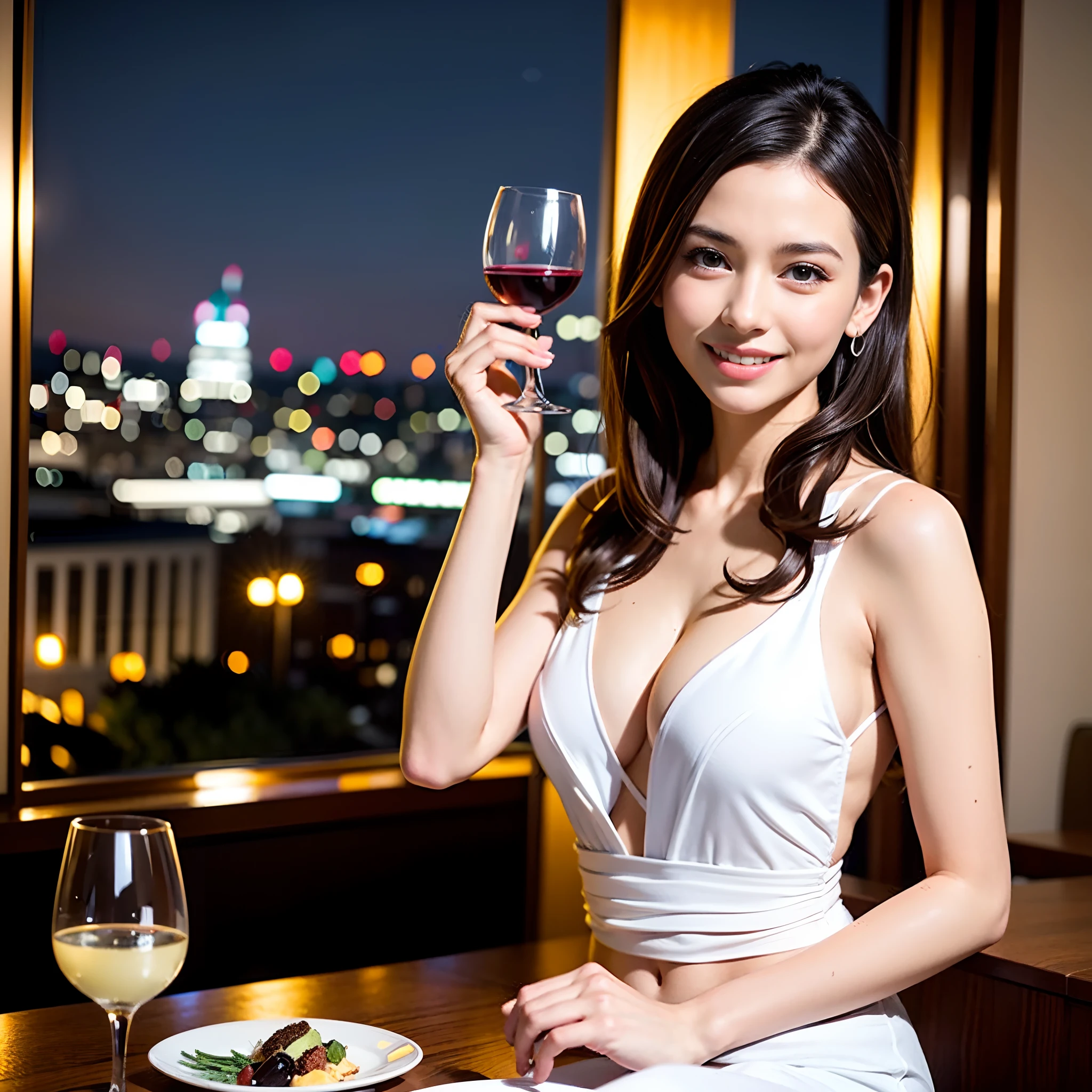 (64K, UHD, top quality, masterpiece: 1.2), (realistic, photorealistic: 1.37), super detailed, pretty woman 1 person, (slim face), (slim body), (brown hair), (short cut), cheeks slightly blushing, (39 years old), 38 years old, solo, beautiful detailed urban night view outside the window, restaurant, wine glass sitting, night, in a prominent place (from the waist up) NovaFrogStyle, Actress, Model, Waist Up, White Wine, Slim, Wine Glass, Super Clean Night View, Wine Glass Put in the Middle, Happy Smile, (Smile: 1.15), Beautiful Fine Eyes, Upper Body, Bust Japan Up, Night, Short, Short, Actress, Model, Waist Up, White Wine, Slim, Wine Glass, Super Clean Night View, Wine Glass Put in the Middle, Happy Smile,