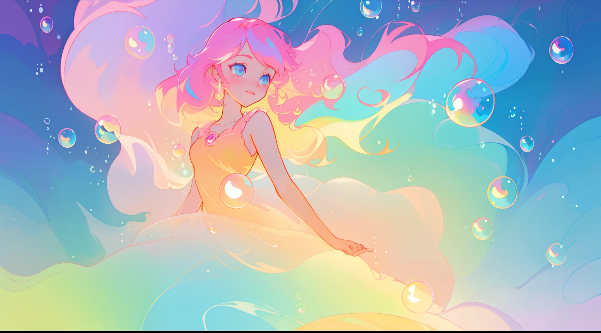 beautiful anime girl in colorful liquid dress, vibrant pastel colors, flowing long pink peach hair, beautiful white layered ballgown, (colorful), magical lights, sparkling lines of light, inspired by Glen Keane, inspired by Lois van Baarle, disney art style, by Lois van Baarle, glowing aura around her, by Glen Keane, jen bartel, glowing lights! digital painting, flowing glowing hair, glowing flowing hair, beautiful digital illustration, fantasia background, whimsical, magical, fantasy, beautiful face, ((masterpiece, best quality)), intricate details, highly detailed, sharp focus, 8k resolution, sparkling detailed eyes, liquid watercolor, (((bubbles)))