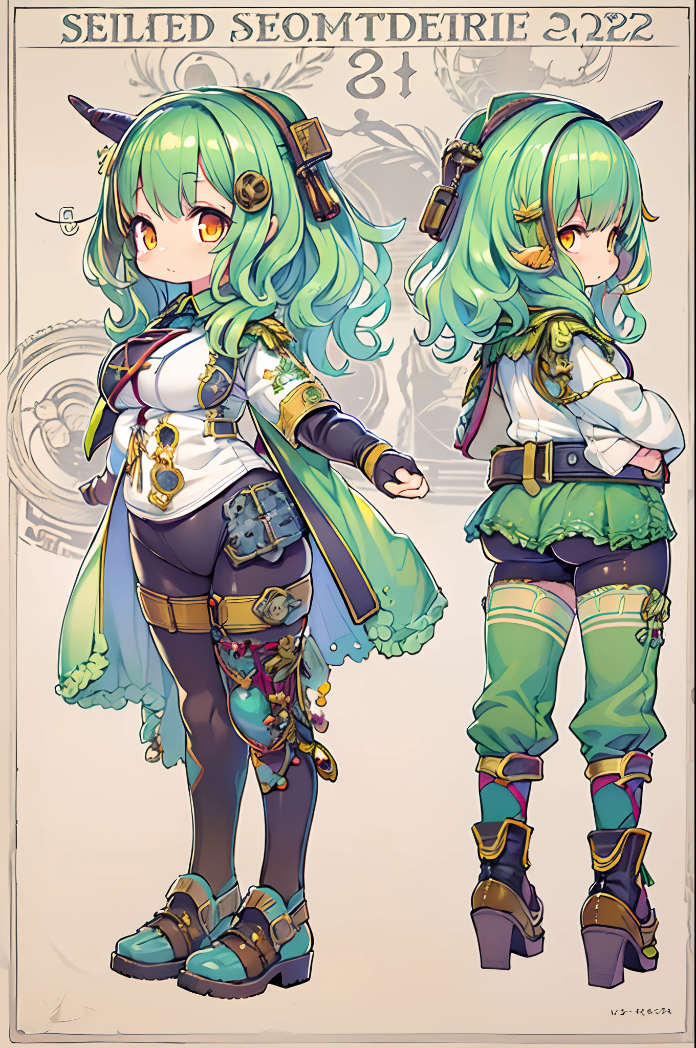 ((Live 2D))  masutepiece, 1girl in, Full body, standing straight, Steampunk clothes, military outfits, Looking at Viewer, Detailed face, Girl with green wavy hair, Bangs, Metal sheep horns, Gradient Hair, multicolored hair, light green hair, Turquoise Hair Tips, Wavy Hair, Gradient Eyes, Orange Eyes, (Simple background, White background: 1.3)