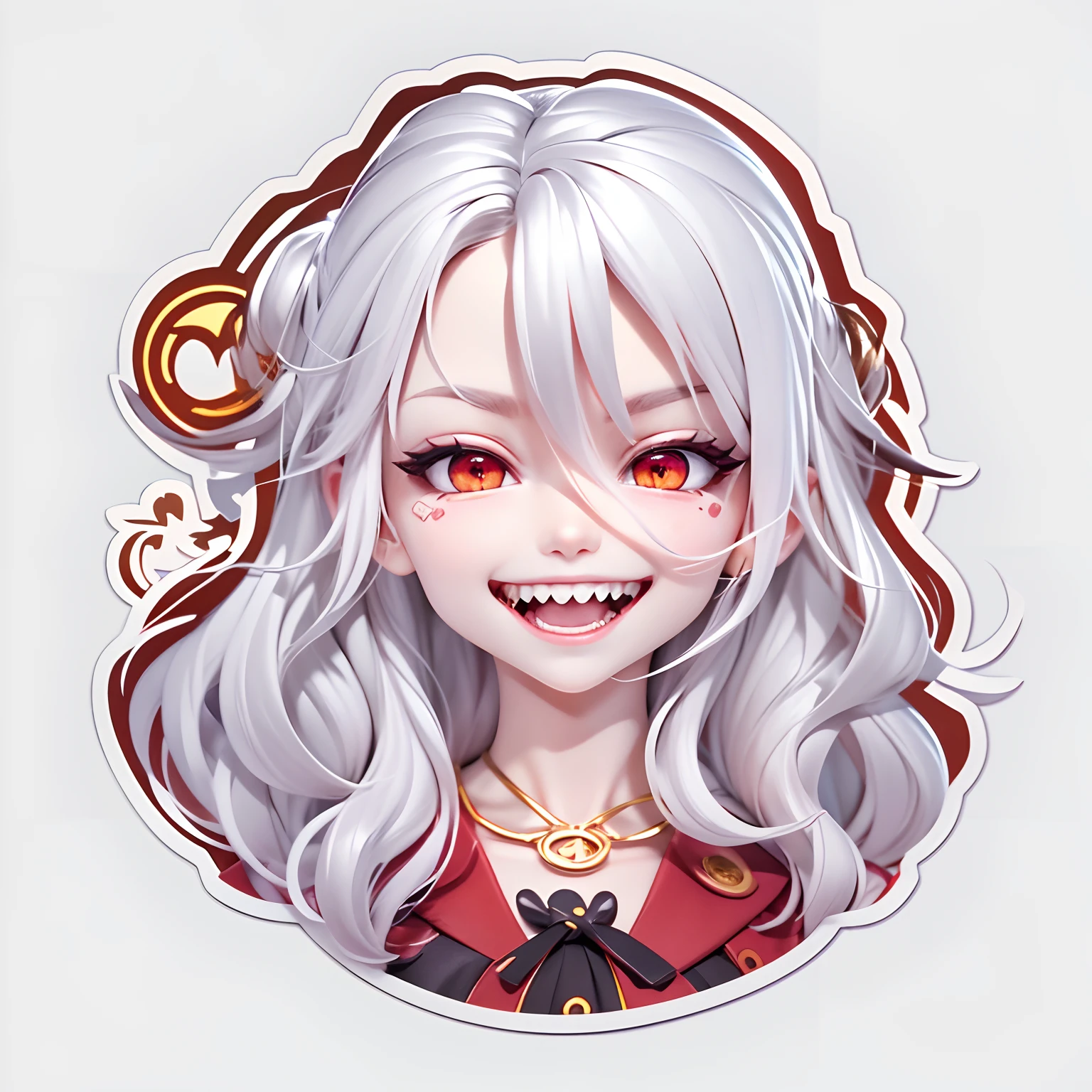 (Sticker),White background,(in circle), (3D anime vampires), long layered silvery white hair,Red eyes,Teeth are exposed,joyful expressions,(cute clothing).Gold border,Simple, Ultra detailed, Detailed drawing, vectorised, Silhouette, 8K, professional sticker design, Flat design, Vector lines, Sticker, Full-HD