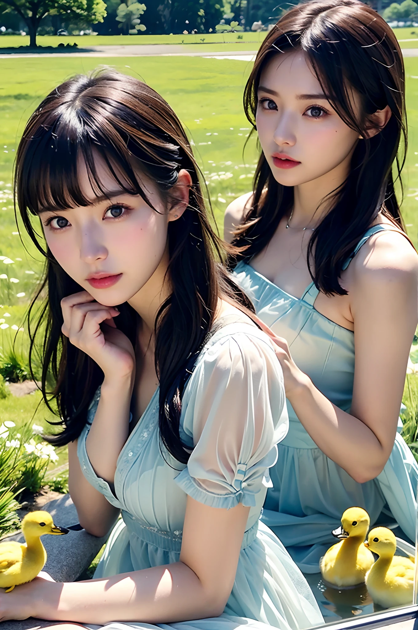 Araffe Japanese model, hyperrealistic,(2girls:1.4,leering:1.2), drinking water in a glass with lots of ice next to yellow ducklings in a meadow,see-through costume,embroidery pattern,