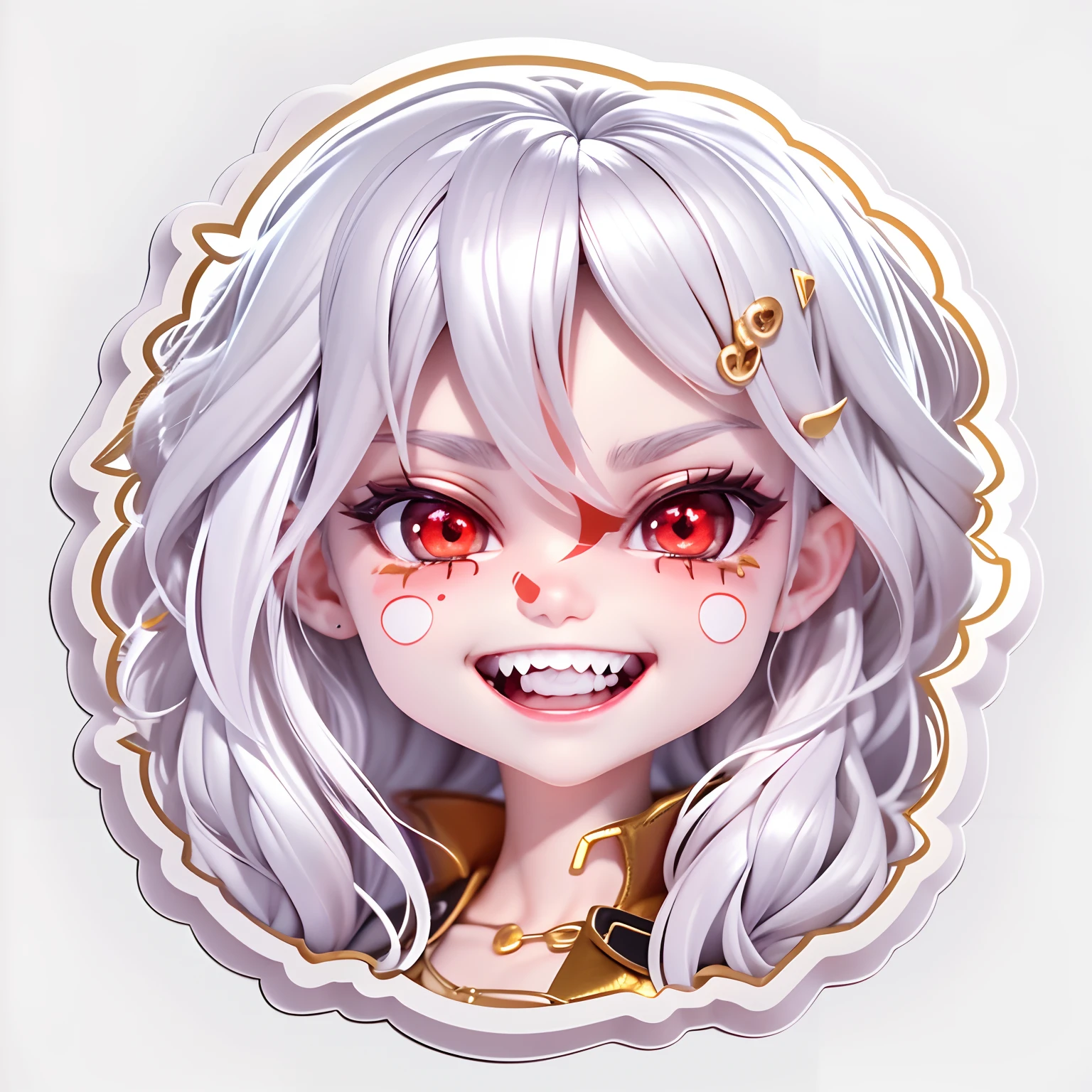 (Sticker),White background,(in circle), (3D anime vampires), long layered silvery white hair,Red eyes，Teeth are exposed，joyful expressions，(cute clothing).Gold border,Simple, Ultra detailed, Detailed drawing, vectorised, Silhouette, 8K, professional sticker design, Flat design, Vector lines, Sticker,  Full-HD