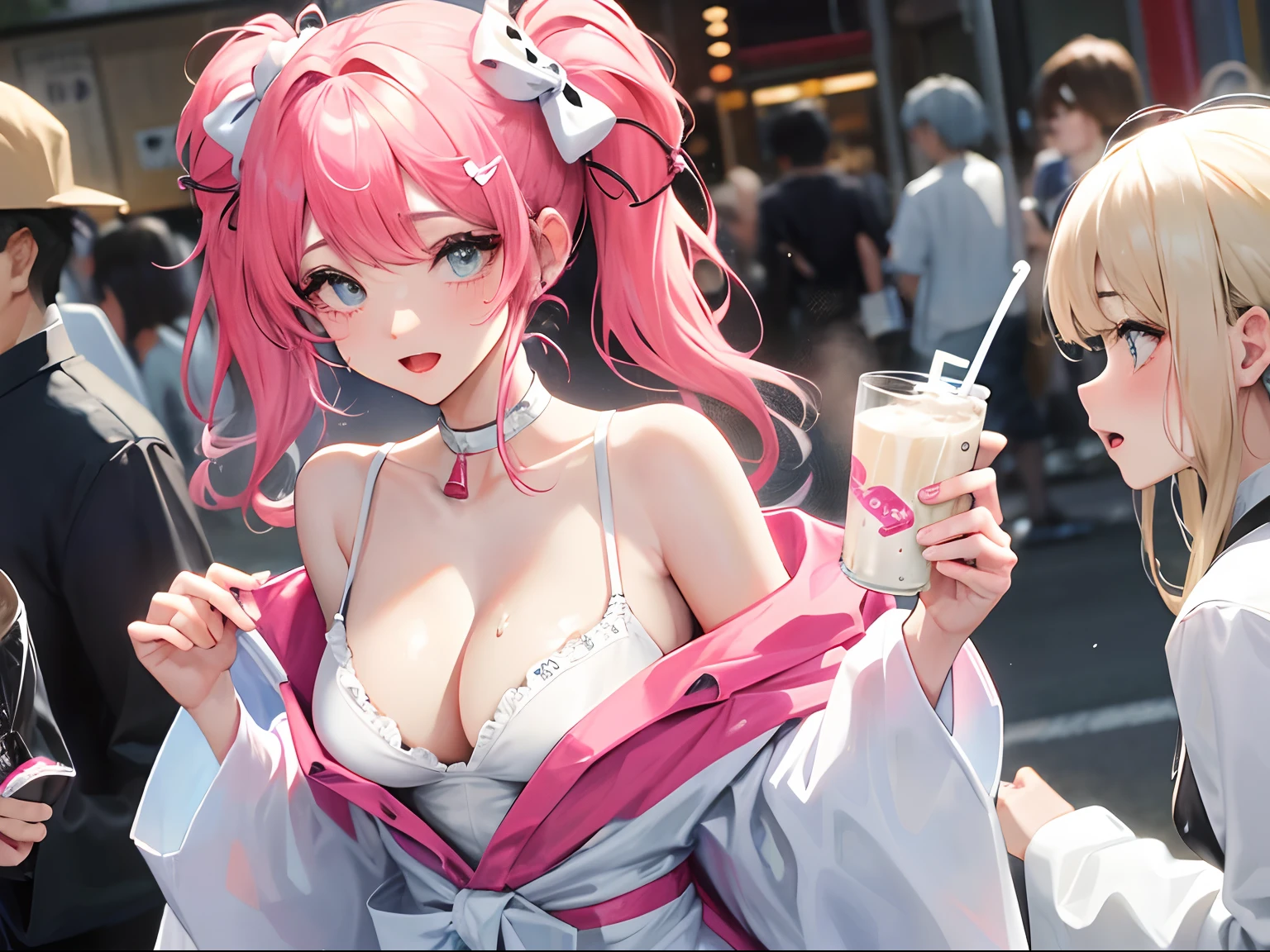 funkpop drink milk looking meancing. Milk splashes. Japanese street style. Jewellery. White milk splashes. Large breasts.