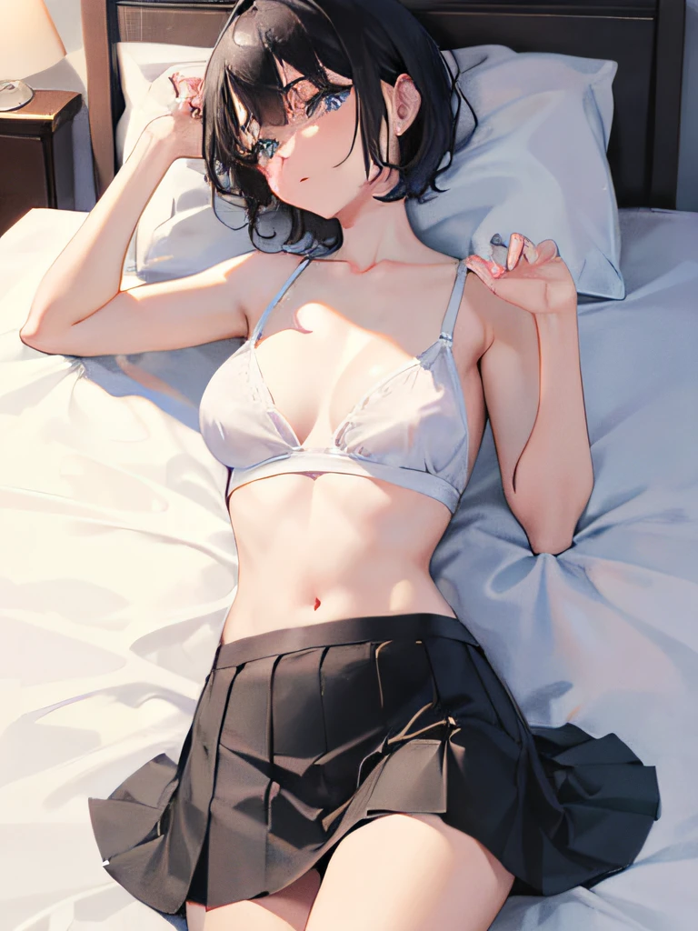 1girl, short black hair, blue eyes, in black bra, skirt, bed, absurdres, high resolution, ultrasharp, 8K, masterpiece, looking at viewer, , lying on bed, C cup, with hand in skirt