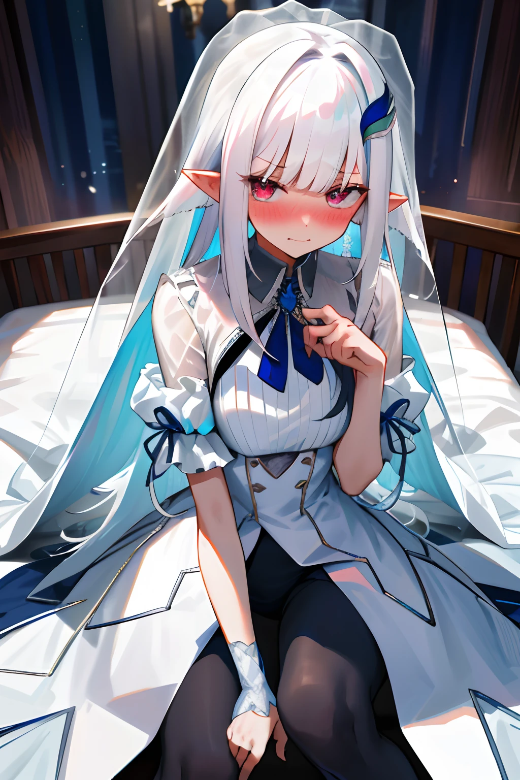 One girl with long hair, white hair, looking at viewer, embarrassed, blushing, indoor , wedding dress, wedding veil, pointy ears, perfect waist, pantyhose, bed, sit on, spread legs, night atmosphere, hair ornament, ringed rings, fingers