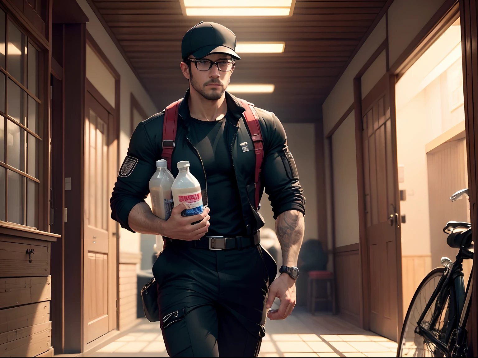 A hunky milkman with a spy-like appearance and black glasses is delivering bottles of milk. The milk bottles have detailed strawberry patterns on them. The scene is depicted in an anime or manga style, evoking a Japanese aesthetic. The artwork has the best quality with 4K or 8K resolution, ensuring ultra-detailed and photorealistic visuals. The color palette is vibrant, with vivid colors enhancing the overall composition. The lighting is carefully crafted to highlight the dynamic elements in the scene, creating a captivating atmosphere.