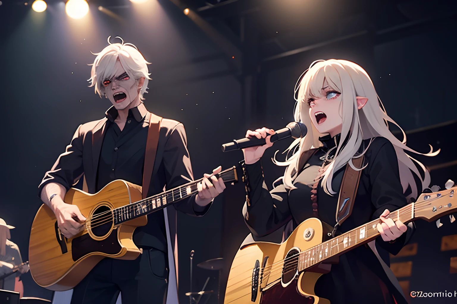 Best Quality,Cowboy Shot,band,Power Metal,(Spooky:1.1), For two,1other,(Glaring,Shouting:1.2),Zombie and vampire duo,(Torn clothes:1.1),(Gray Skin,Glowing eyes:0.9),tusk,Singing,On stage,stage lighrt,light Particle,nakeness