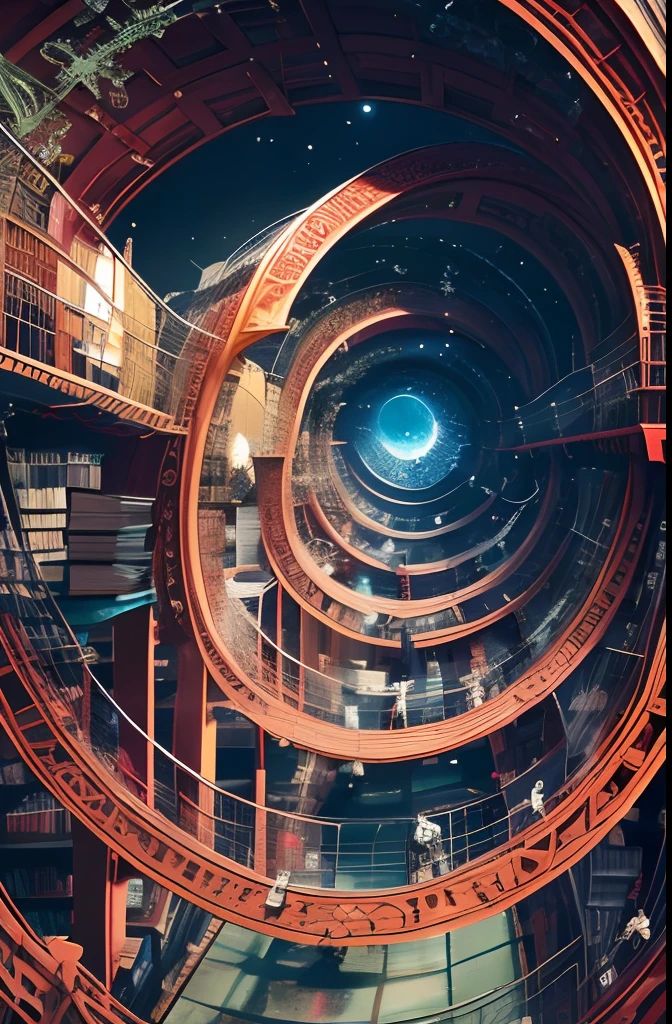 masterpiece, best quality
staring up infite climbing celestial library spiraling towards light, books, spirals, escher, dark souls, bloodborne fantastical, magical library, gradient, fantasy, trending artstation, fractals, ornate, matte painting --ar 1:3 --q 0.5