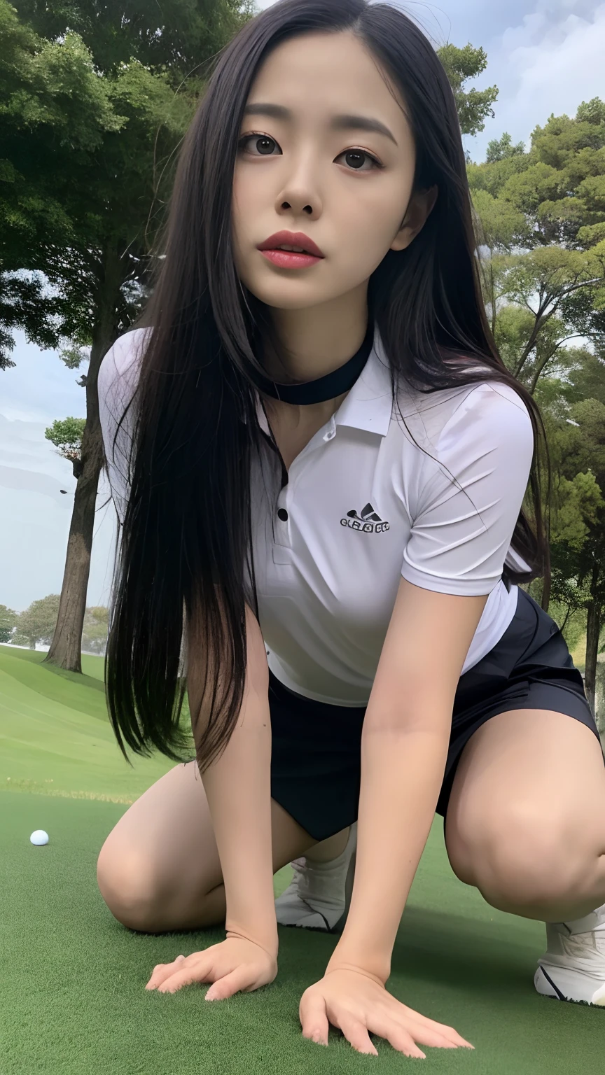 top-quality、​masterpiece、超A high resolution、(Photorealsitic:1.4)、Raw photo、1 Japan Female、finely detailed face and eyes、cabelos preto e longos、Anxious and frightening face、Teary-eyed、Wearing a black collar、thin sheer golf wear、beautiful slim legs， huge-breasted，exhibitionists，Hairless genital exposure、Dark、Golf Course、Face down on all fours