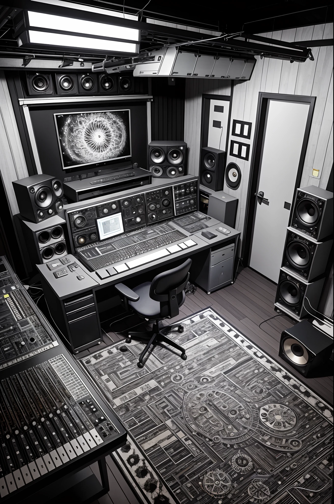 16k, UHD, Junji Ito Black And White Manga Style, arafed drawing of a recording studio with a desk, chair, and keyboard, background artwork, studio room, by Bob Ringwood, madhouse studio, studio, studio madhouse, artwork, studio picture, studio bones, in his basement studio, studio recording, interior background art, commissioned, studio shaft, mixing, fanart, by Thomas Dalziel, commission art