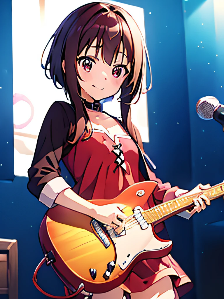 ((masutepiece)), ((Best Quality)), (Ultra-detailed), Anime style, Live performance venue, Cute *********** s, 1girl in, Solo, Playing the guitar 00, ((Beautiful eyes))0, Smile