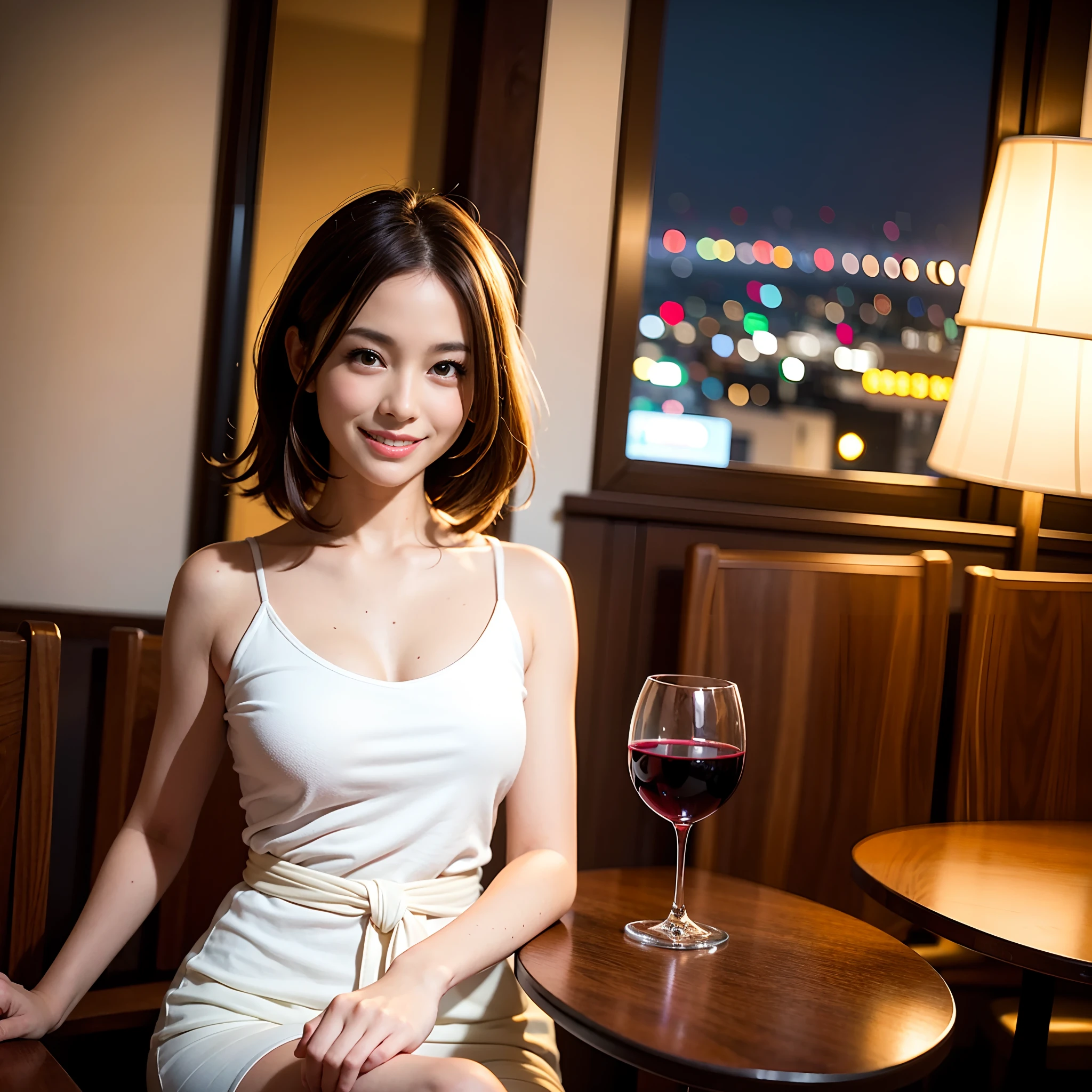 (64K, UHD, top quality, masterpiece: 1.2), (realistic, photorealistic: 1.37), super detailed, pretty woman 1 person, (slim face), (slim body), (brown hair), (short cut), cheeks slightly blushing, (35 years old), 38 years old, solo, beautiful detailed urban night view outside the window, restaurant, wine glasses sit, at night, in a prominent place (from the waist up) NovaFrogStyle, Actress, Model, Waist Up, White Wine, Slim, Wine Glass, Super Clean Night View, Wine Glass Put in the Middle, Happy Smile, (Smile: 1.15), Beautiful Fine Eyes, Upper Body, Bust Japan Up, Night, Short, Short, Actress, Model, Waist Up, White Wine, Slim, Wine Glass, Super Clean Night View, Wine Glass Put in the Middle, Happy Smile,