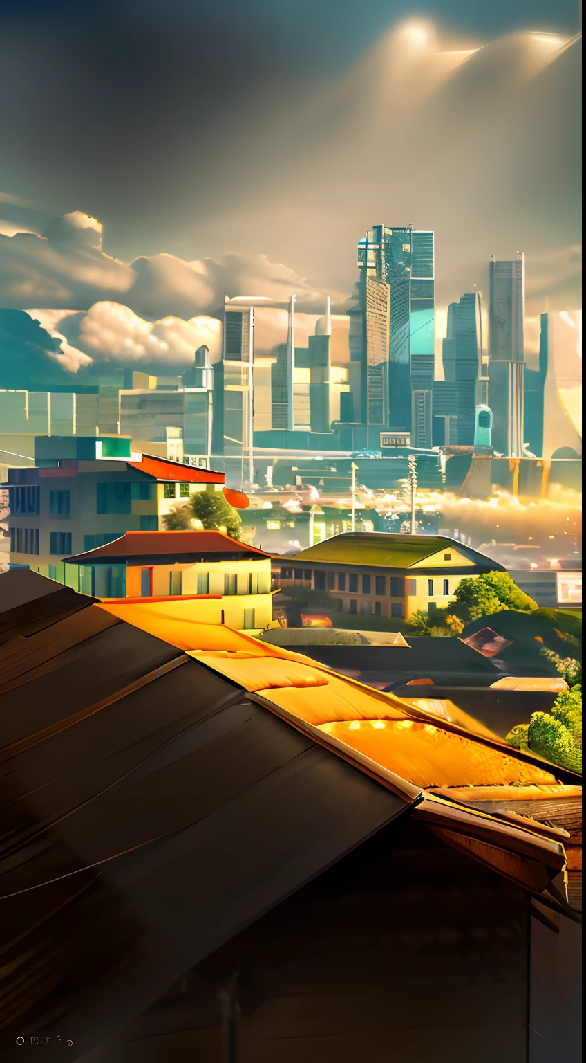 best quality,ultra-detailed,realistic,photorealistic:1.37,colorful view, bustling atmosphere,skyscrapers,architecture,beautiful sunset,sweeping skyline,crystal-clear details,dynamic lighting,vivid colors,bokeh,night scene,lively cityscape,city lights,streets and alleys,favela houses,multi-level buildings,tall office buildings,twinkling lights,urban landscape,rooftop garden,people enjoying the view from the roof,panoramic city view,urban jungle,busy streets,traffic,city life,metropolitan area,high-rise buildings,modern cityscape,expansive horizon,abstract city patterns,contrast of shadows and light,reflection of city lights in the river,peaceful feeling,serene atmosphere,quiet corners,hidden gems,unique architectural features,city of dreams,inspiring skyline,awe-inspiring perspective,Cosmopolitan,Art Deco influences,Bauhaus architecture.