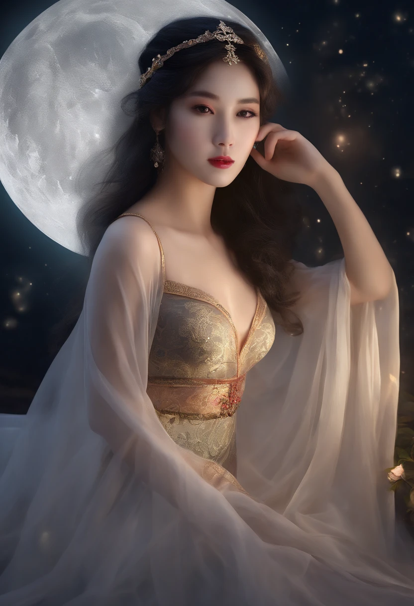 The art depicts a charming woman dressed in a flowing, oriental transparent dress, decorated with sexy patterns and bright colors. Showing small round ass, Her transparent dress drapes elegantly over her curvy figure, accentuating her seductive silhouette. She stood gracefully in the quiet moonlit night, bathed in the soft glow of the moonlight. The scene exudes an ethereal and dreamy atmosphere, with a touch of mystery and sexiness. The graphic style blends watercolor and digital illustration techniques to evoke a refined beauty and charm. The lights are filled with soft moonlight, casting soft highlights and shadows on her charming features. Bare buttocks, three-dimensional facial features, lying on bed, clear eyes, topless, visible,full body,