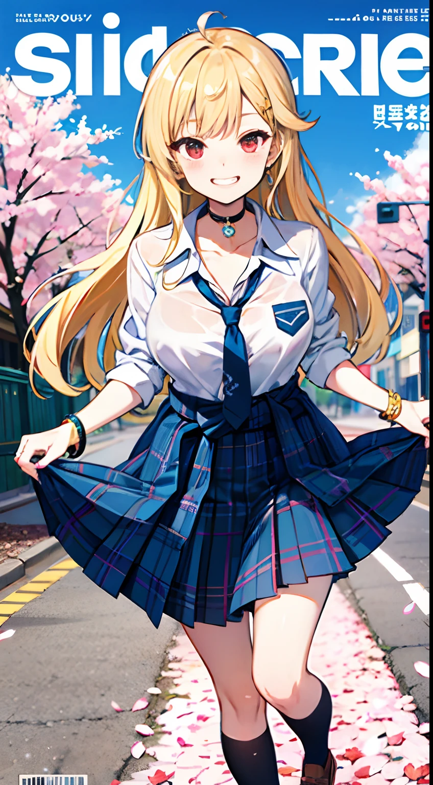 masterpiece, best quality, full body, 1girl, bangs, black choker, black necktie, blonde hair, blue skirt, blush, bracelet, breasts, choker, clothes around waist, collarbone, collared shirt, cowboy shot, dress shirt, ear piercing, eyebrows visible through hair, gradient hair, grin, gyaru, jewelry, kogal, long hair, looking at viewer, loose necktie, necktie, piercing, plaid, plaid skirt, pleated skirt, red eyes, ring, school uniform, shirt, skirt, smile, solo, white shirt, street, sky, cherry blossoms, petals,illustration, (magazine:1.3), (cover-style:1.3), fashionable, woman, vibrant, outfit, posing, front, colorful, dynamic, background, elements, confident, expression, holding, statement, accessory, majestic, coiled, around, touch, scene, text, cover, bold, attention-grabbing, title, stylish, font, catchy, headline, larger, striking, modern, trendy, focus, fashion,