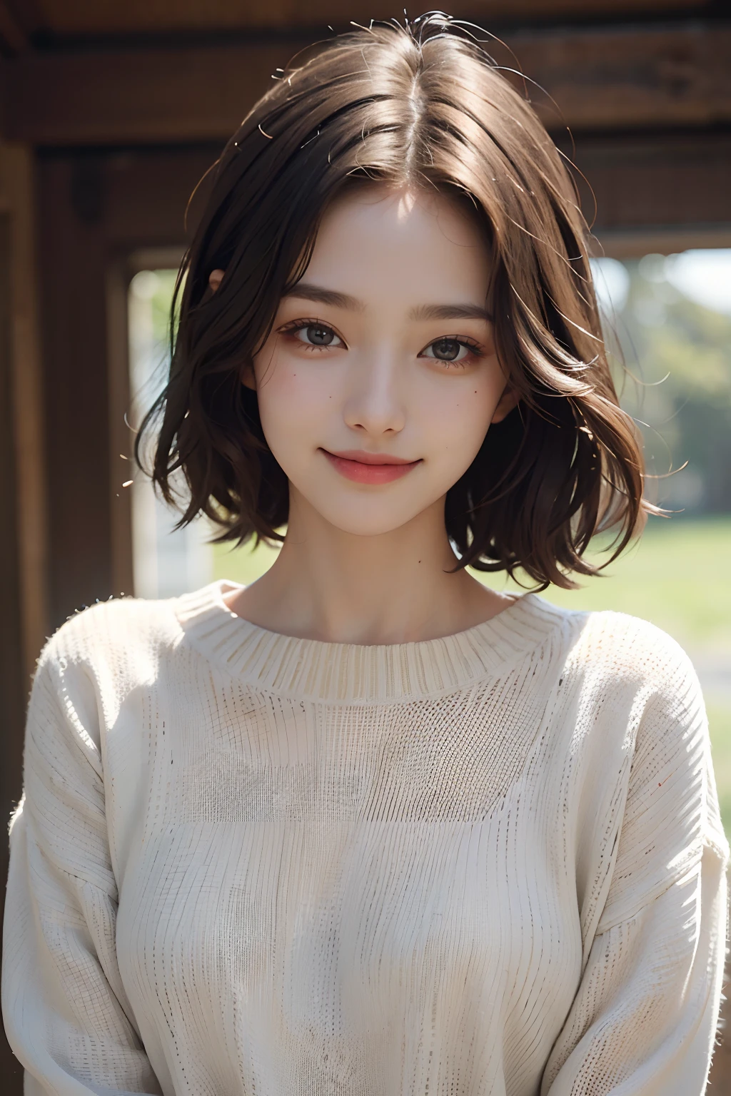 Best quality at best, masterpiece, The ultra-Highres, photorealestic, 1girll, Sorrisos, oversized_sweater, gentle lighting, fine detailed skin, ligh brown hair