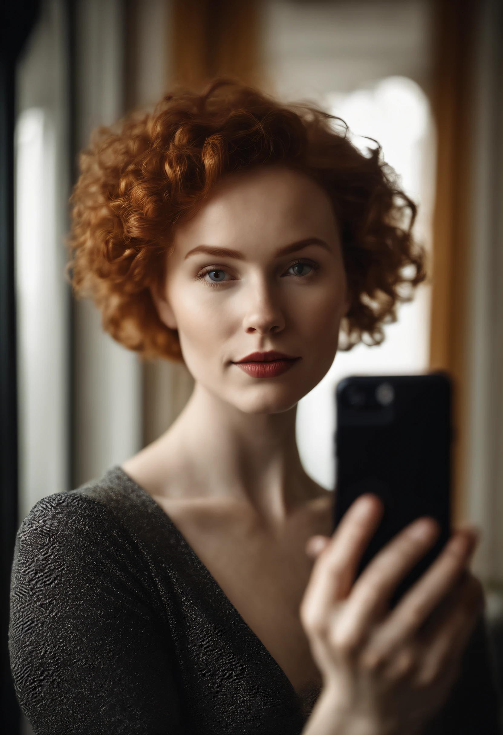 beautiful woman with pale skin, a round face and short curly ginger hair. taking a selfie in a mirror