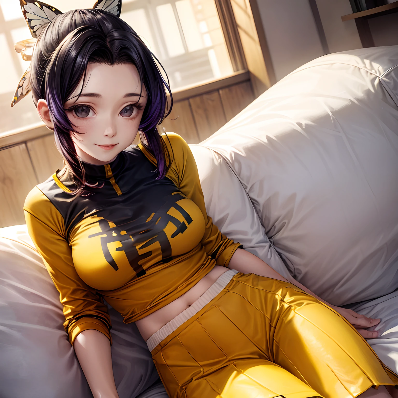 A girl sitting and showing yellow panty, wide legs sitting, thick thies, heavy ass, boobs big, big boobs, different pose, change panty colour in every image. High detail in hips area, natural skin, natural pic, with high detail, ultra HD, 8k, DSLR image, --auto --s2