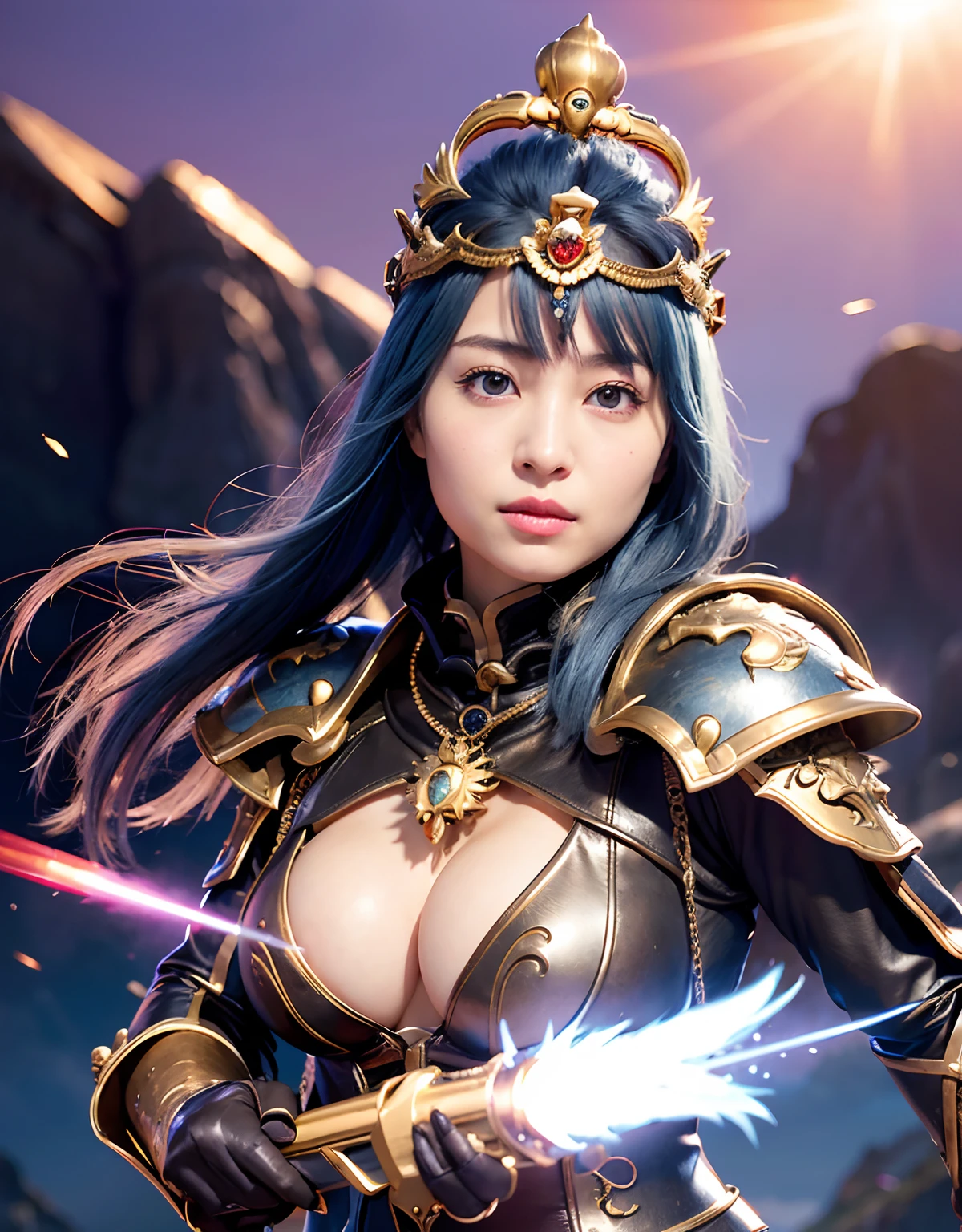 Professional , masterpiece、top-quality、photos realistic , 、top-quality、超A high resolution、(Photorealsitic:1.4)、Raw photo、depth of fields (Gemstone Gold Metal Body:1.9),(Matte White、Toostock、cleavage of the breast、(cleavage of the breast)、(Detailed Dragon Armor)、(Have the strongest weapon)、((Random Hairstyles 1.6),Dark Fantasy,)explosions、intense fighting、(Precipitous cliffs),Dragon Gold Weapon,Mystical expression、Particles of light、Fight dragons、(Detailed Dragon Helmet),Gorgeous Silver Weapons ,(( Dragon's dense and gorgeous sword)) , Beautiful knife ,warhammer 40k ,Detail and gorgeous crown、((Blue hair))、(Castle background)、、((Gangle's forest background))、Beautiful Caucasian beauty、1a person、dynamic ungle,((()))、Smaller head、A smile、Castle background、Thin and beautiful female hands、cleavage of the breast、Soldier in iron armor on background、Mystical expression、Light Effects、intense fighting、Wind-effect、magic circles、With the legendary magic wand、(demonic wings)、Toostock、