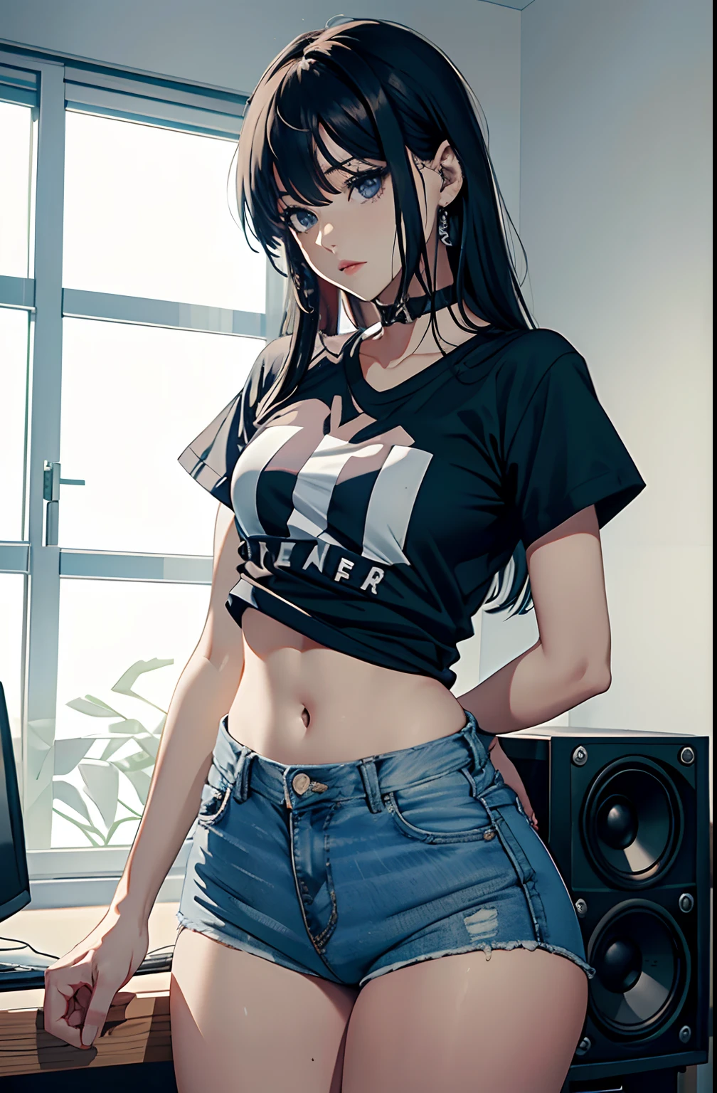 (Hinata Hyuga, muito sensual, com roupas apertadas, bunda grande, pernas grossas, Wearing extremely tight jeans, usando uma mini blusa, umbigo com pirsing, cabelo grande, Speaker behind, muito realista, extremamente sexy, 8k, 8k extremamente detalhado), (um extremamente delicado e bonito), (obra-prima), (melhor qualidade: 1.0), (ultra highres:1.0)