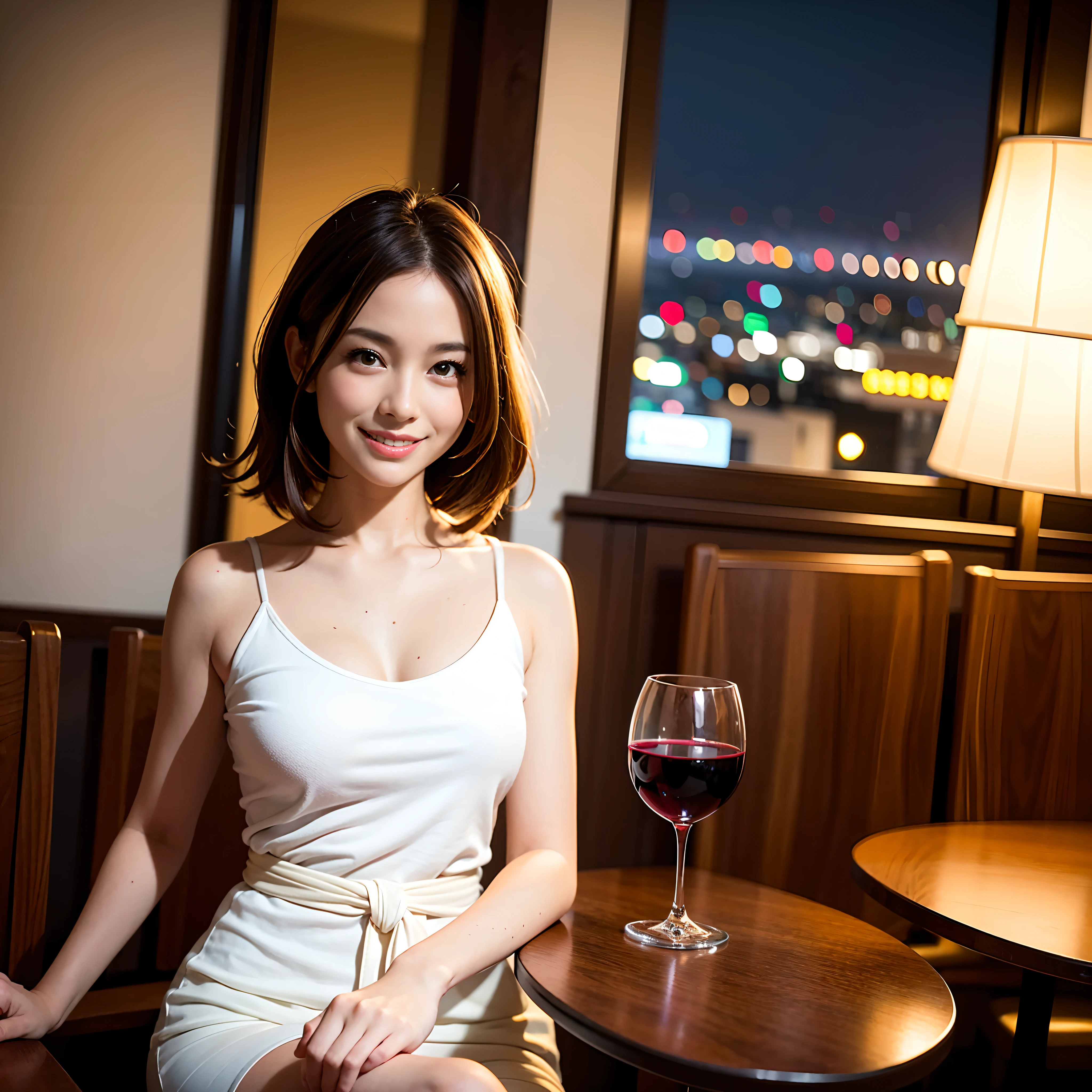 (64K, UHD, top quality, masterpiece: 1.2), (realistic, photorealistic: 1.37), super detailed, pretty woman 1 person, (slim face), (slim body), (brown hair), (short cut), cheeks slightly blushing, (35 years old), 38 years old, solo, beautiful detailed urban night view outside the window, restaurant, wine glasses sit, at night, in a prominent place (from the waist up) NovaFrogStyle, Actress, Model, Waist Up, White Wine, Slim, Wine Glass, Super Clean Night View, Wine Glass Put in the Middle, Happy Smile, (Smile: 1.15), Beautiful Fine Eyes, Upper Body, Bust Japan Up, Night, Short, Short, Actress, Model, Waist Up, White Wine, Slim, Wine Glass, Super Clean Night View, Wine Glass Put in the Middle, Happy Smile,
