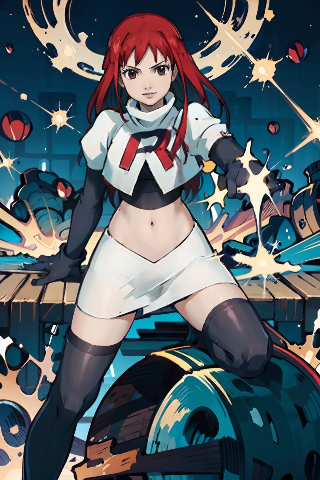 face of Erza Scarlet (Fairy Tail), 1girl,team rocket,team rocket uniform, red letter R, white skirt,white crop top,black thigh-highs,black elbow gloves, proud smile, long hair, brown eyes